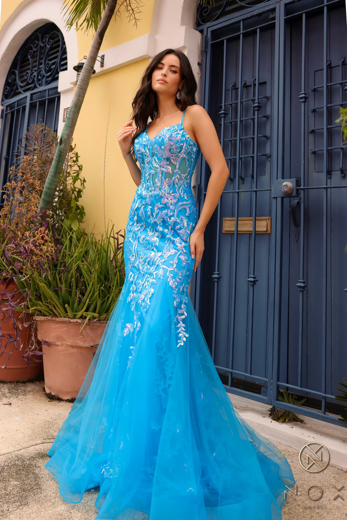 Nox Anabel Q1390 Long Sequin Sheer Corset Mermaid Prom Dress Neon Pageant Gown - Image 4