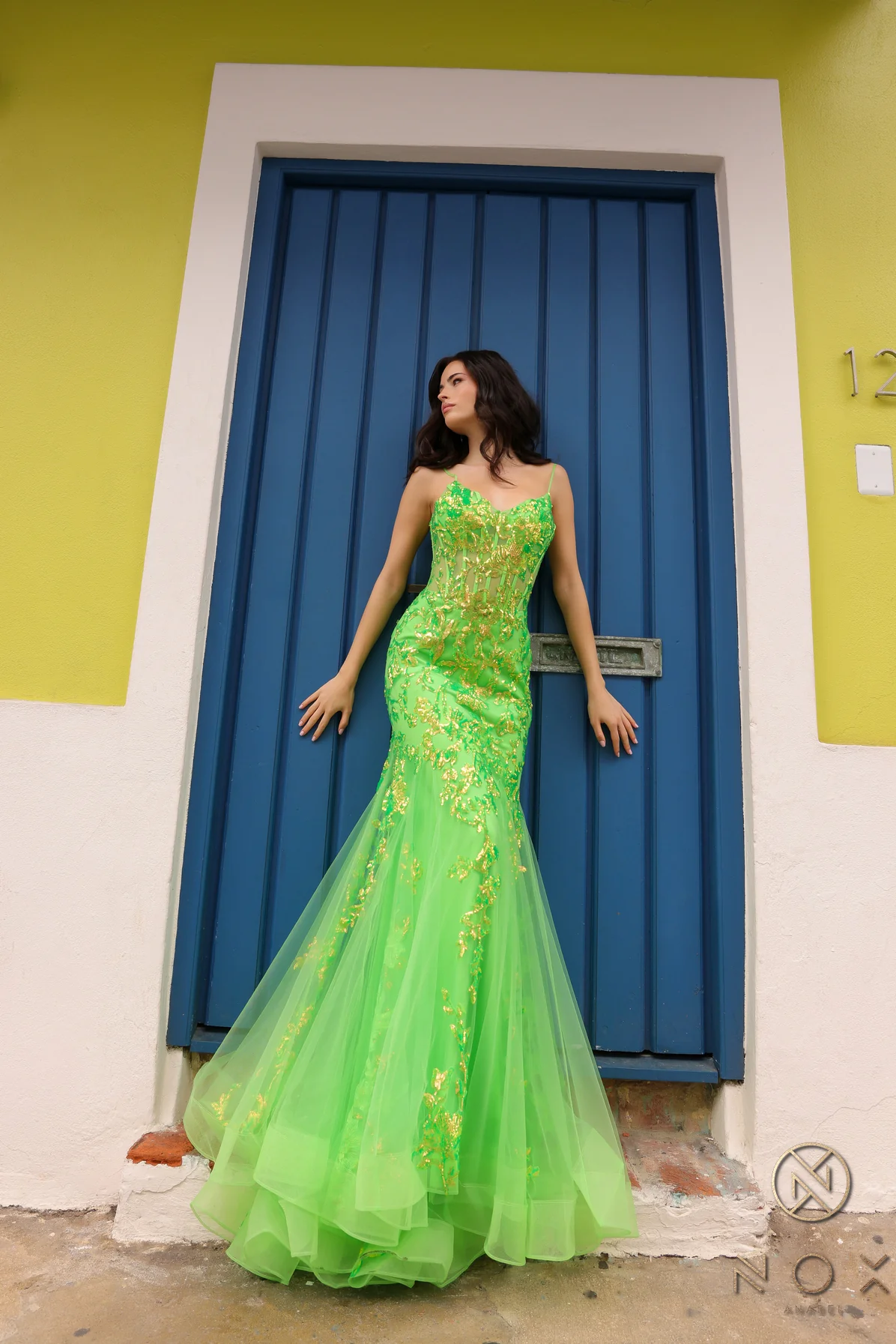 Nox Anabel Q1390 Long Sequin Sheer Corset Mermaid Prom Dress Neon Pageant Gown - Image 5