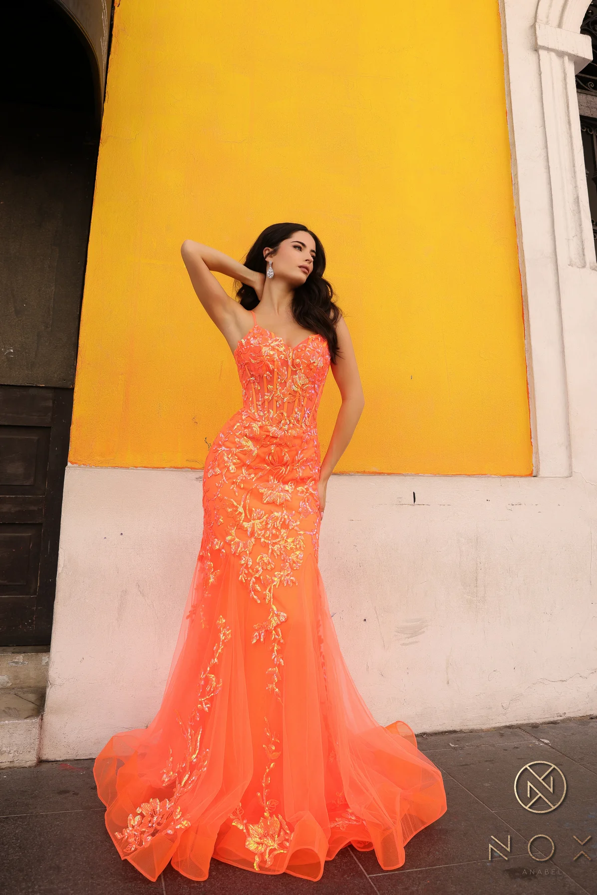 Nox Anabel Q1390 Long Sequin Sheer Corset Mermaid Prom Dress Neon Pageant Gown - Image 7