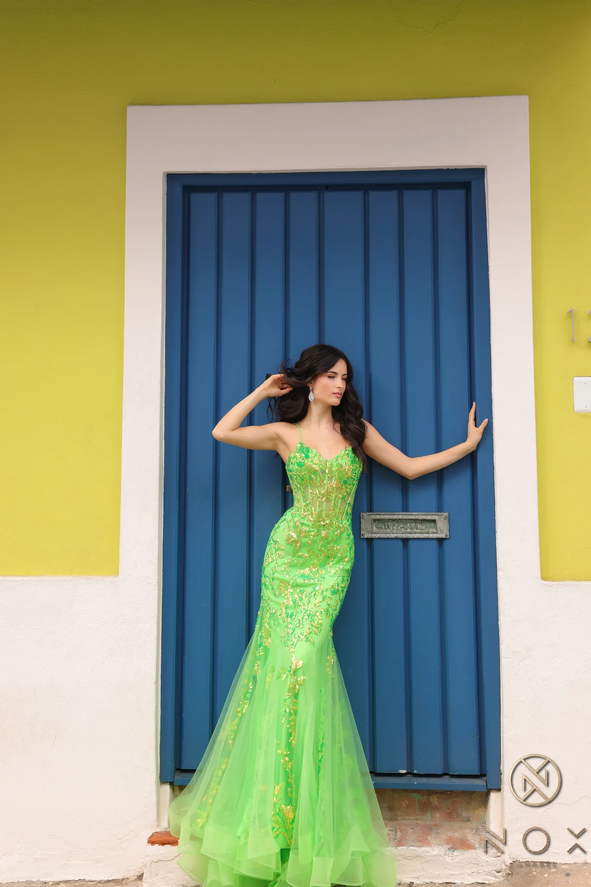 Nox Anabel Q1390 Long Sequin Sheer Corset Mermaid Prom Dress Neon Pageant Gown - Image 9