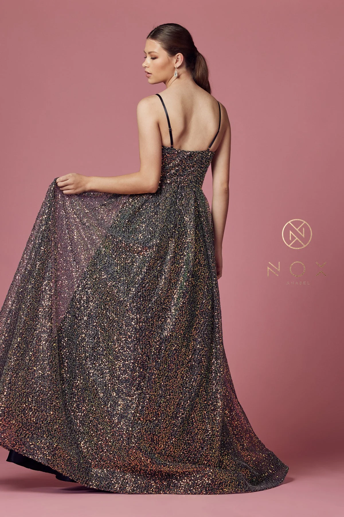 Nox Anabel R1030 size 16 Black Multi Sequin A Line Formal Ballgown V Neck Prom Pageant Dress - Image 3