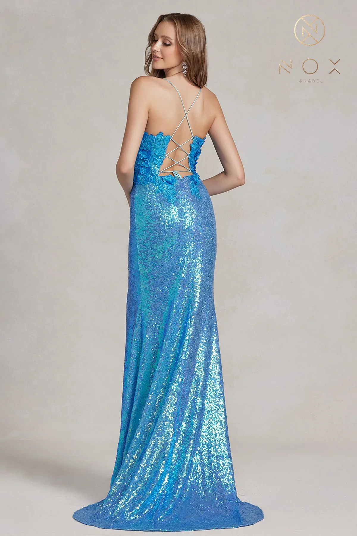 Nox Anabel R1207 Size 0 Long Iridescent Turquoise Floral Lace Sequin Prom Dress Slit Backless Corset Gown Turquoise - Image 2