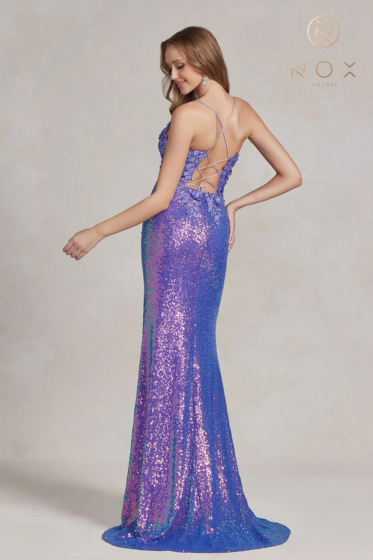 Nox Anabel R1207 Size 0 Long Iridescent Turquoise Floral Lace Sequin Prom Dress Slit Backless Corset Gown Turquoise - Image 7