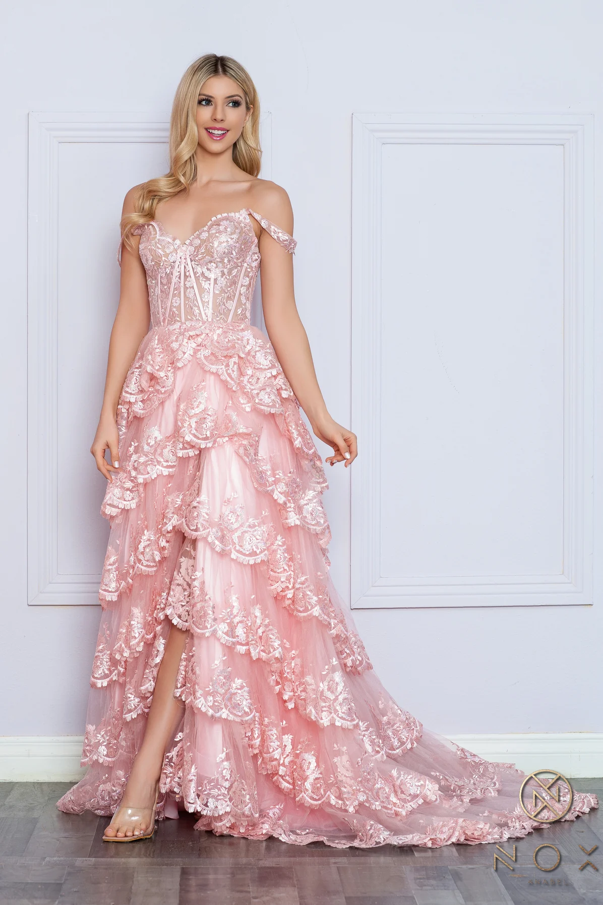 Nox Anabel R1299 Ruffle Lace High Slit Skirt Prom Dress Corset Sequin off the shoulder Formal Gown - Image 14