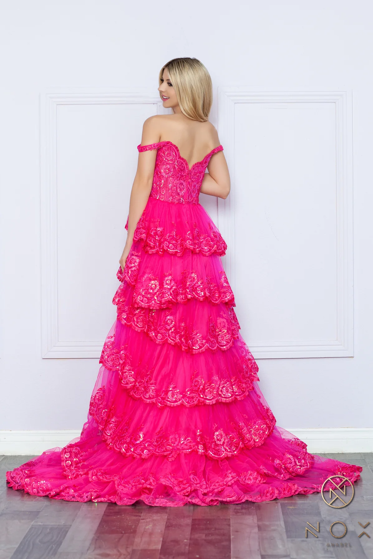 Nox Anabel R1299 Ruffle Lace High Slit Skirt Prom Dress Corset Sequin off the shoulder Formal Gown - Image 21