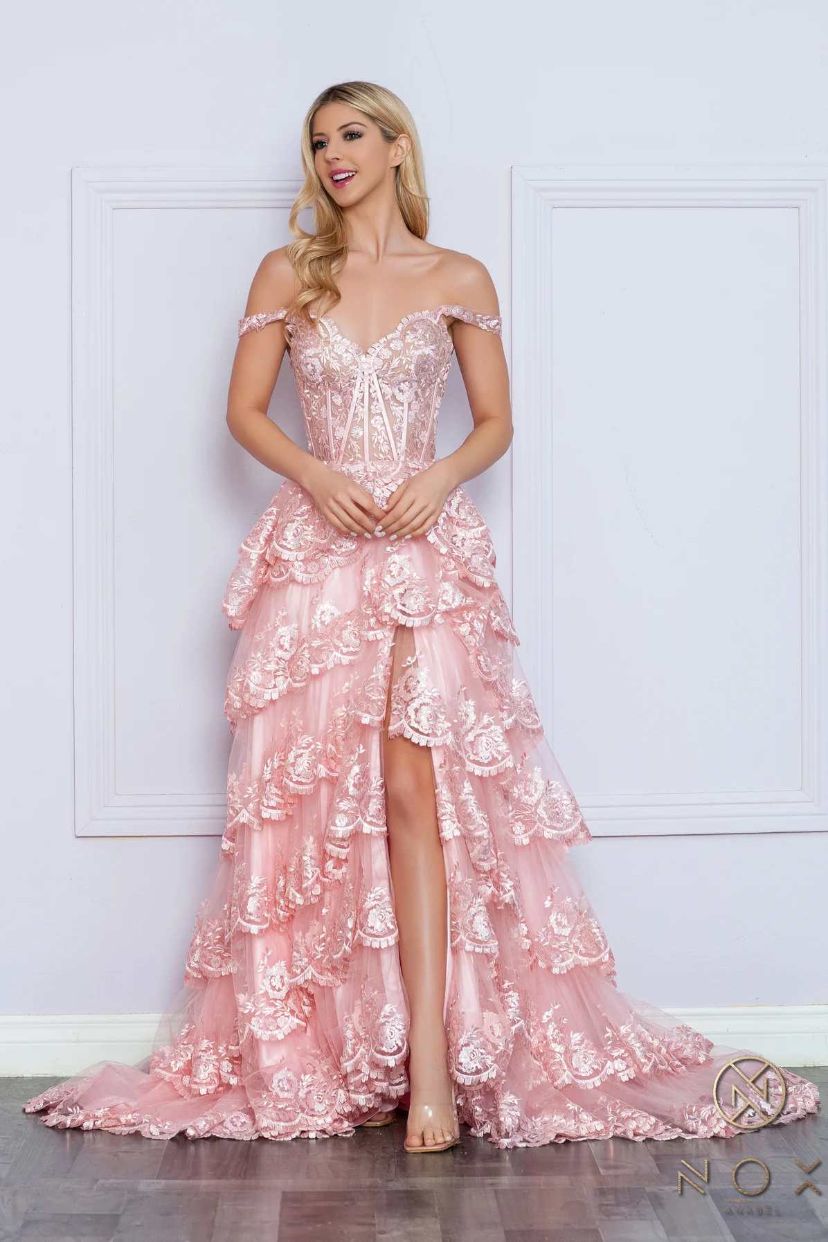 Nox Anabel R1299 Ruffle Lace High Slit Skirt Prom Dress Corset Sequin off the shoulder Formal Gown - Image 6