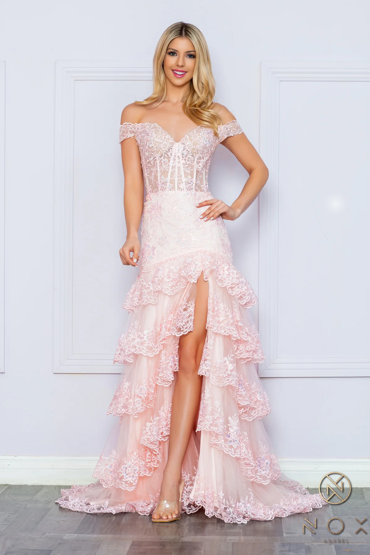 Nox Anabel R1301 Ruffle Fit and Flare Prom Dress Sheer Lace corset off the shoulder gown - Image 23