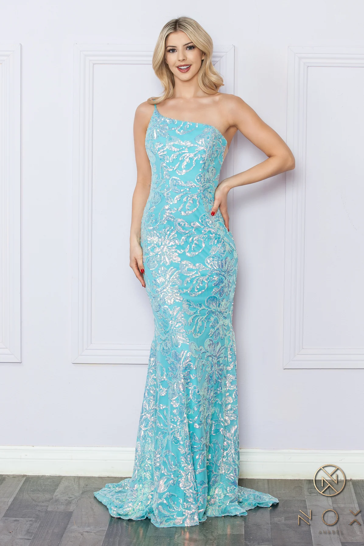 Nox Anabel R1308 Long Sequin Lace One Shoulder Prom Dress Mermaid Formal Gown Pageant - Image 2