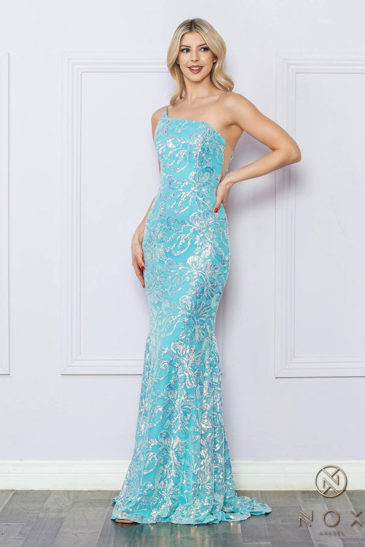 Nox Anabel R1308 Long Sequin Lace One Shoulder Prom Dress Mermaid Formal Gown Pageant - Image 5