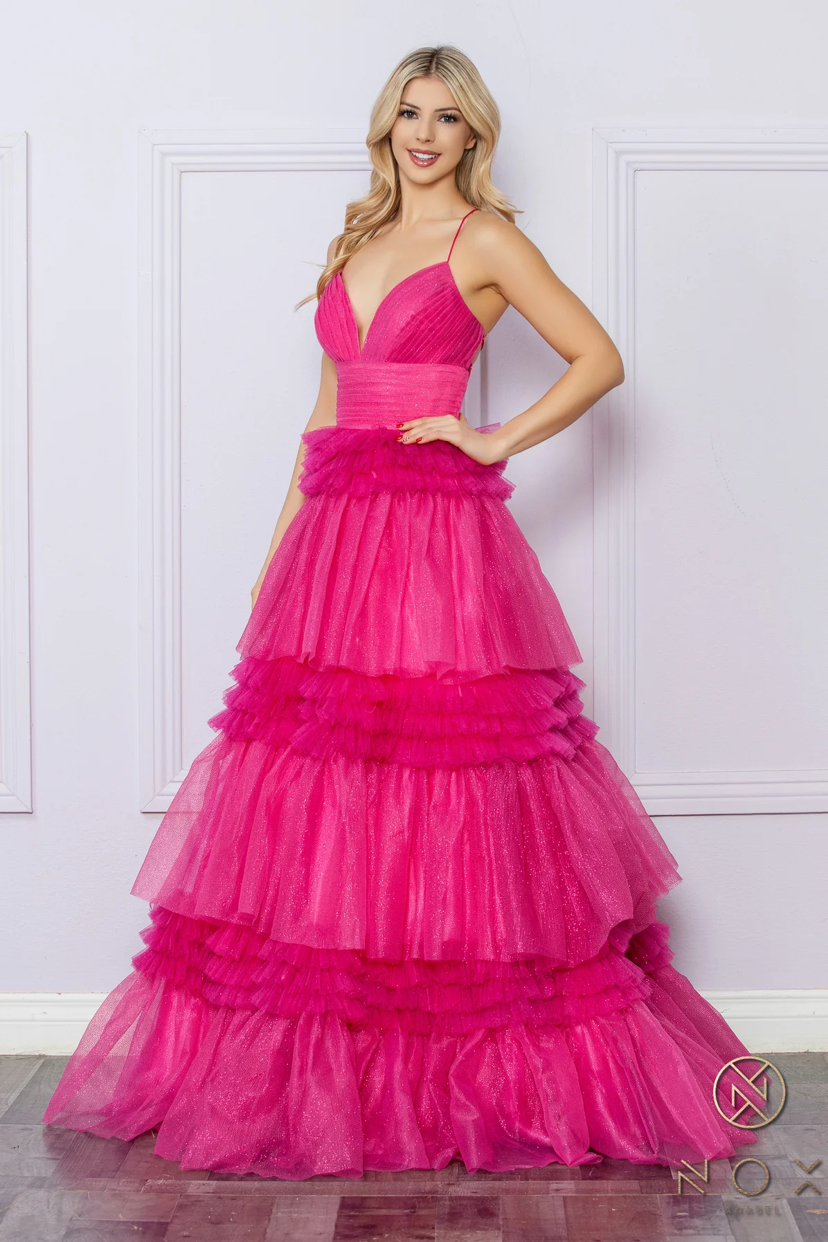 Nox Anabel R1316 A Line Pleated Shimmer Ballgown Prom Dress Layered Tulle Ruffle Corset Formal Gown - Image 11