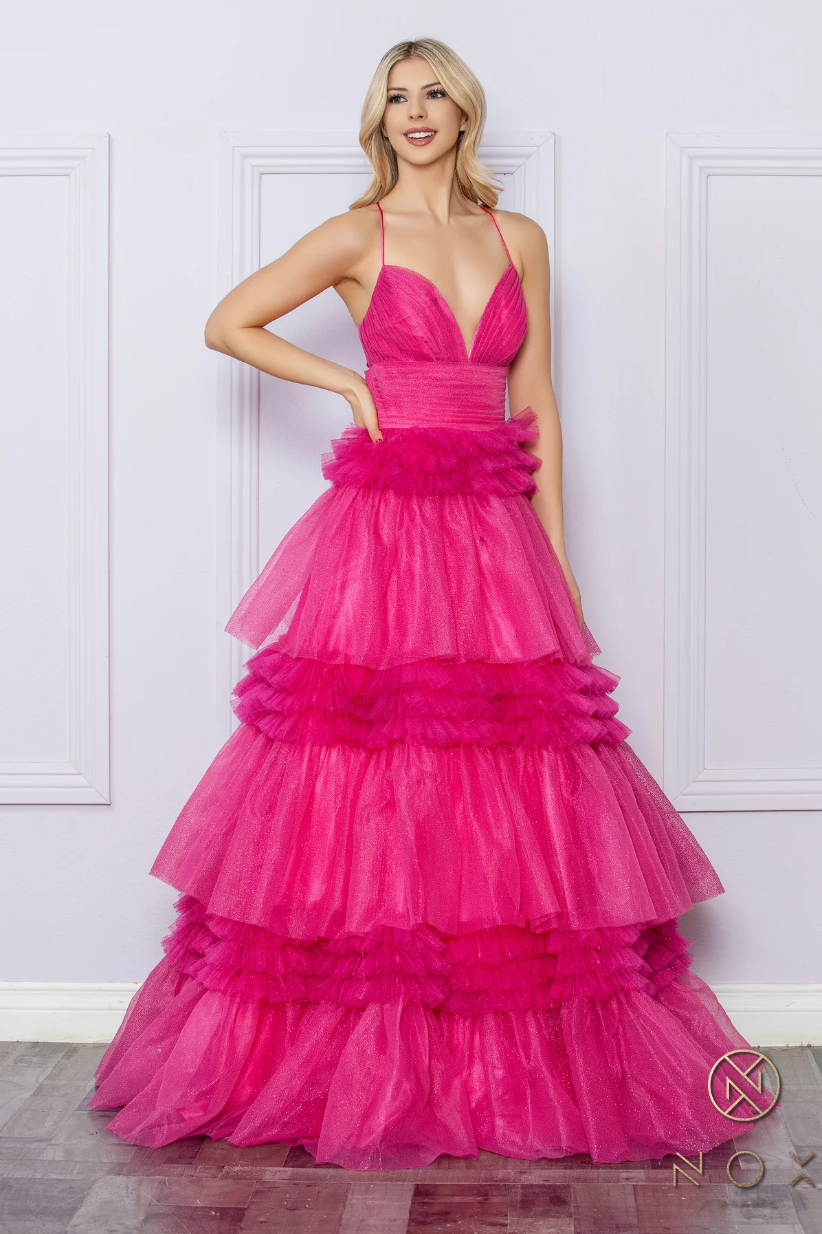 Nox Anabel R1316 A Line Pleated Shimmer Ballgown Prom Dress Layered Tulle Ruffle Corset Formal Gown - Image 3