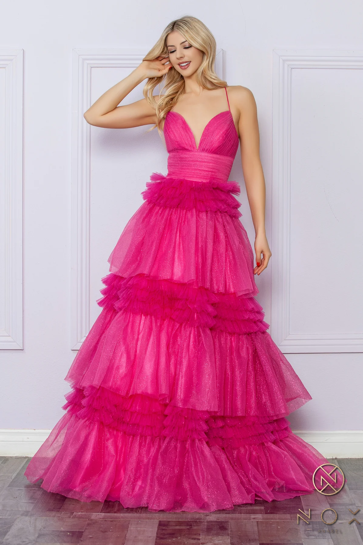 Nox Anabel R1316 A Line Pleated Shimmer Ballgown Prom Dress Layered Tulle Ruffle Corset Formal Gown - Image 6