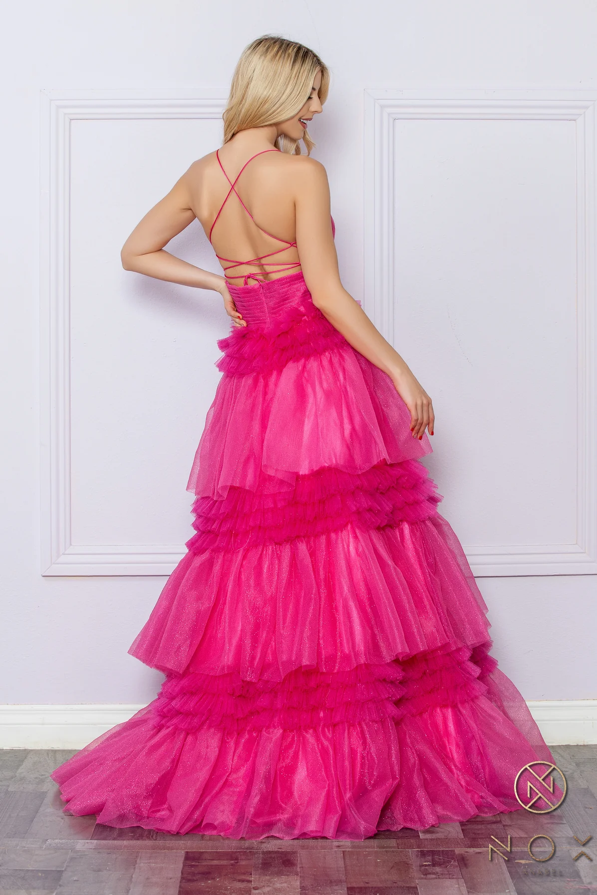 Nox Anabel R1316 A Line Pleated Shimmer Ballgown Prom Dress Layered Tulle Ruffle Corset Formal Gown - Image 9