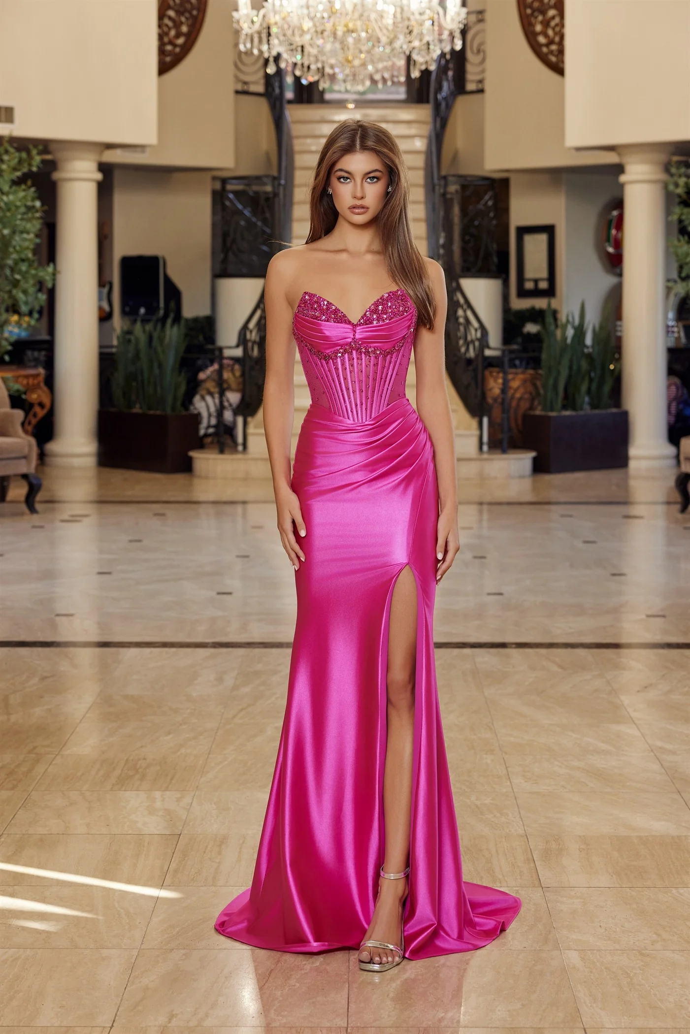 Nox Anabel R1812 Sheer Crystal Corset V-Neck Satin Prom Dress - Image 3