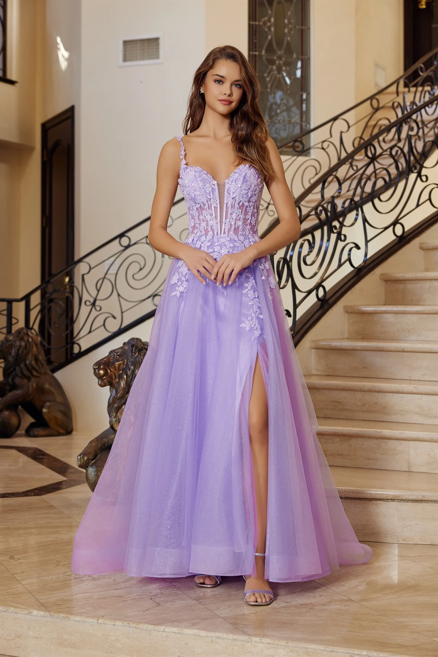 Nox Anabel R1824 Plunging V-Neck Sheer Corset Prom Dress - Image 4