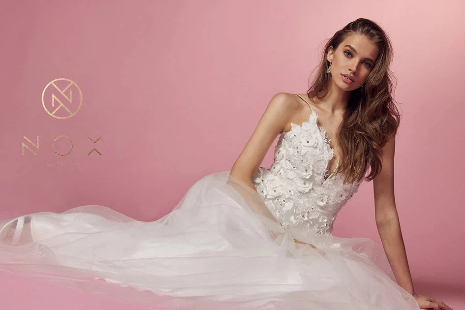 Nox Anabel R346 Size 10 A Line 3D Floral Lace Wedding Dress V Neck Bridal Gown - Image 5