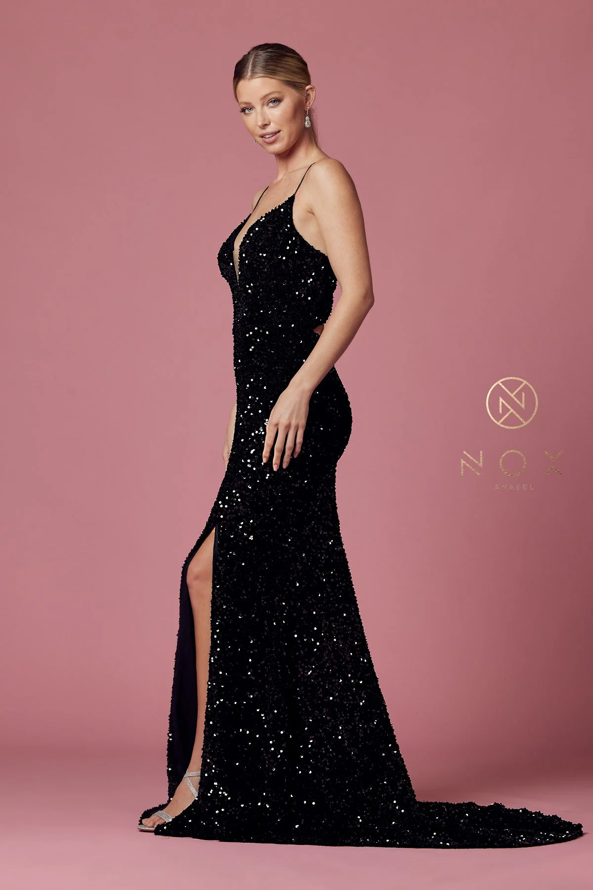 Nox Anabel R433 Size 12 Green Long Fitted Velvet Sequin Prom Dress Formal Slit V Neck Corset - Image 13