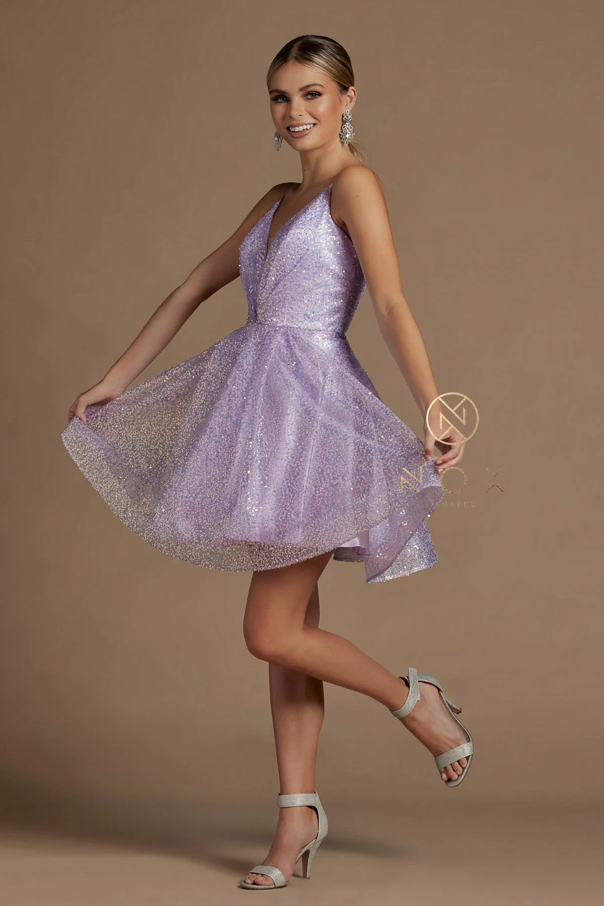 Nox Anabel R703 Size 12 Short Fit & Flare Sequin Formal Cocktails Dress V Neck Gown - Image 4