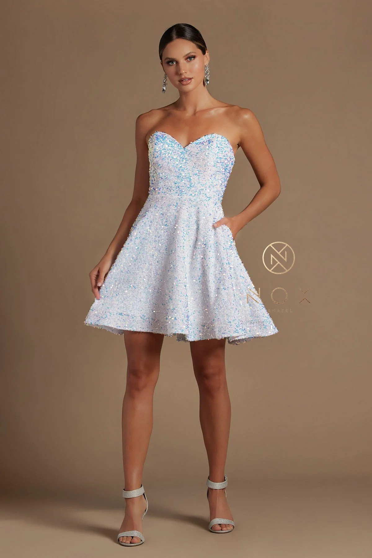 NOX ANABEL R705 Size 6,8,10 White Sequin Velvet Short Dress Homecoming Pockets Flare - Image 3