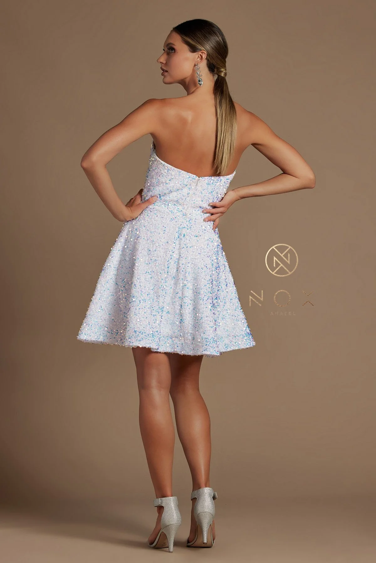 NOX ANABEL R705 Size 6,8,10 White Sequin Velvet Short Dress Homecoming Pockets Flare - Image 6