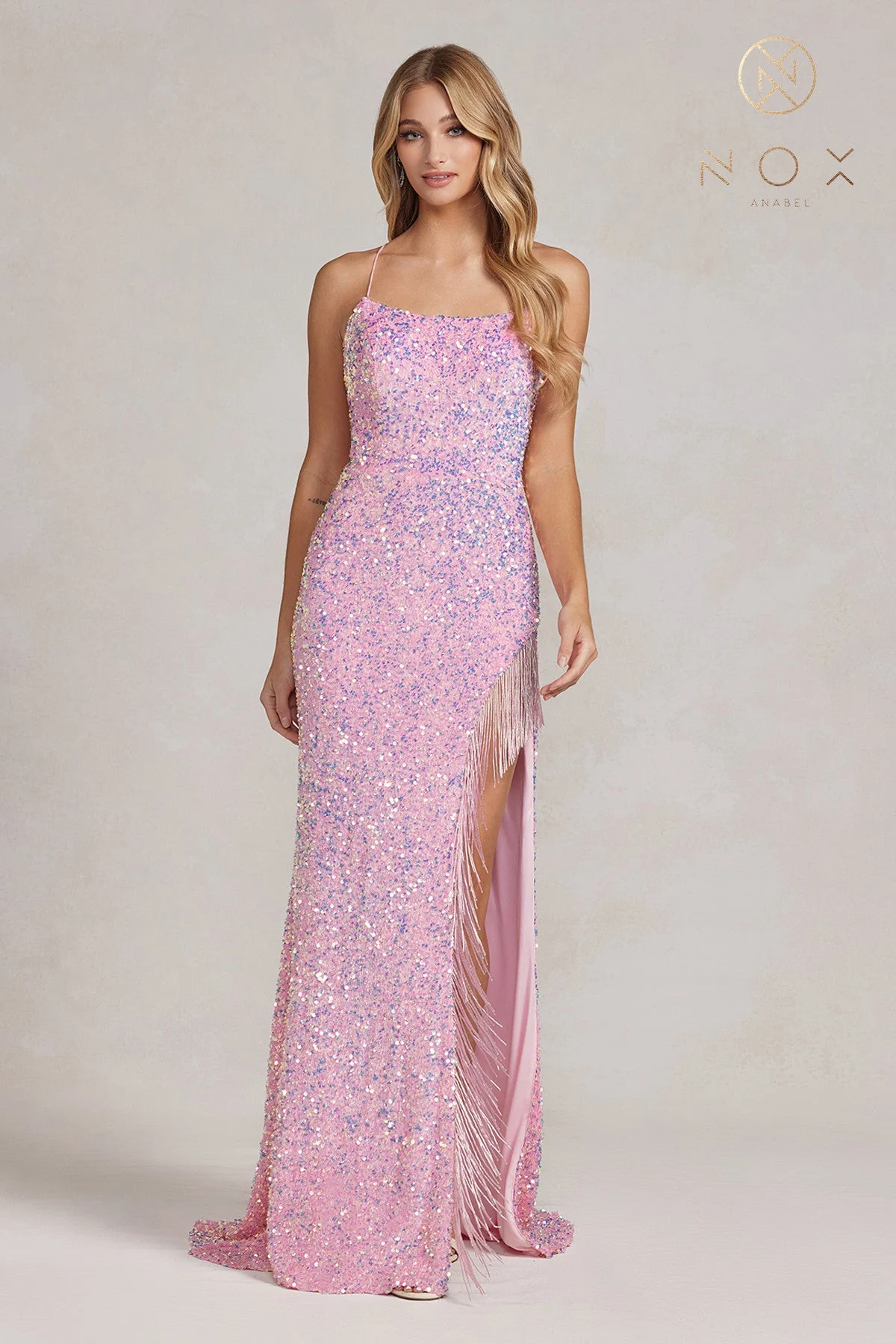 Nox Anabel T1209 Size 12 White Long Sequin Formal Prom Dress Thigh Slit Beaded Fringe Backless Corset - Image 7