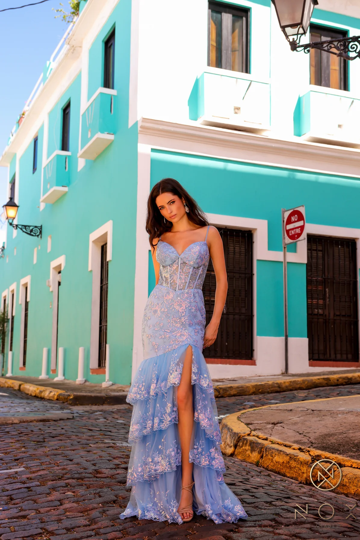 Nox Anabel T1337 Sheer Corset Ruffle Sequin Maxi Slit Prom Dress Lace V Neck Formal Gown - Image 8