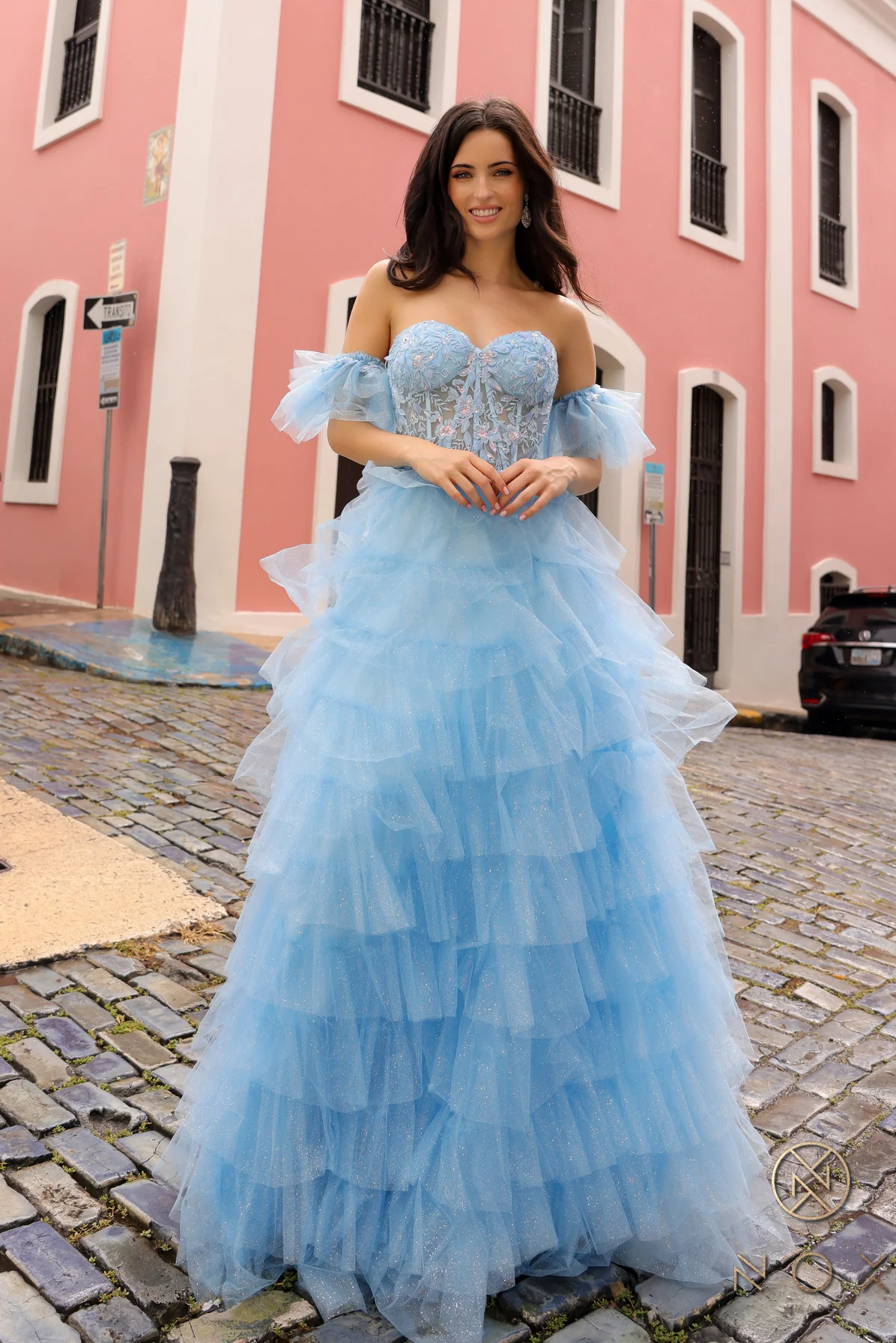 Nox Anabel T1338 Shimmer Layer Tulle A Line Dress Sequin Corset Puff Sleeves Pleated - Image 10