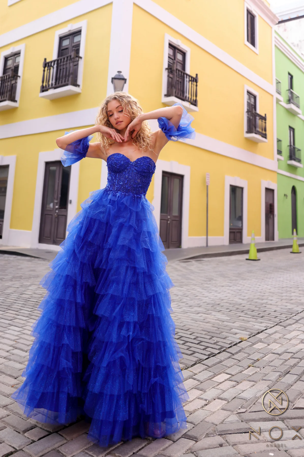 Nox Anabel T1338 Shimmer Layer Tulle A Line Dress Sequin Corset Puff Sleeves Pleated - Image 4