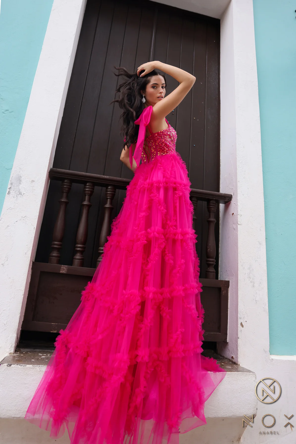 Nox Anabel T1340 Ruffle Tulle A Line Sheer Sequin Corset Prom Dress Bow Pleated Ballgown - Image 2