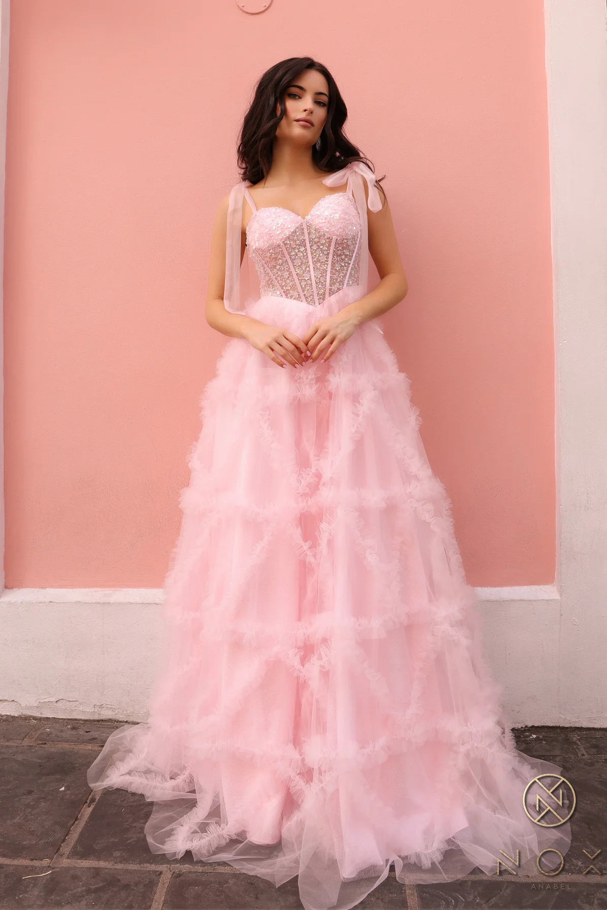 Nox Anabel T1340 Ruffle Tulle A Line Sheer Sequin Corset Prom Dress Bow Pleated Ballgown - Image 3