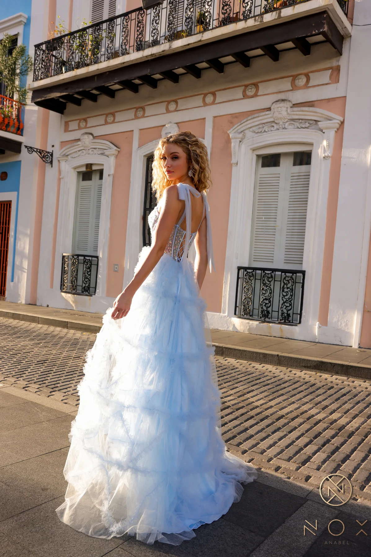 Nox Anabel T1340 Ruffle Tulle A Line Sheer Sequin Corset Prom Dress Bow Pleated Ballgown - Image 4