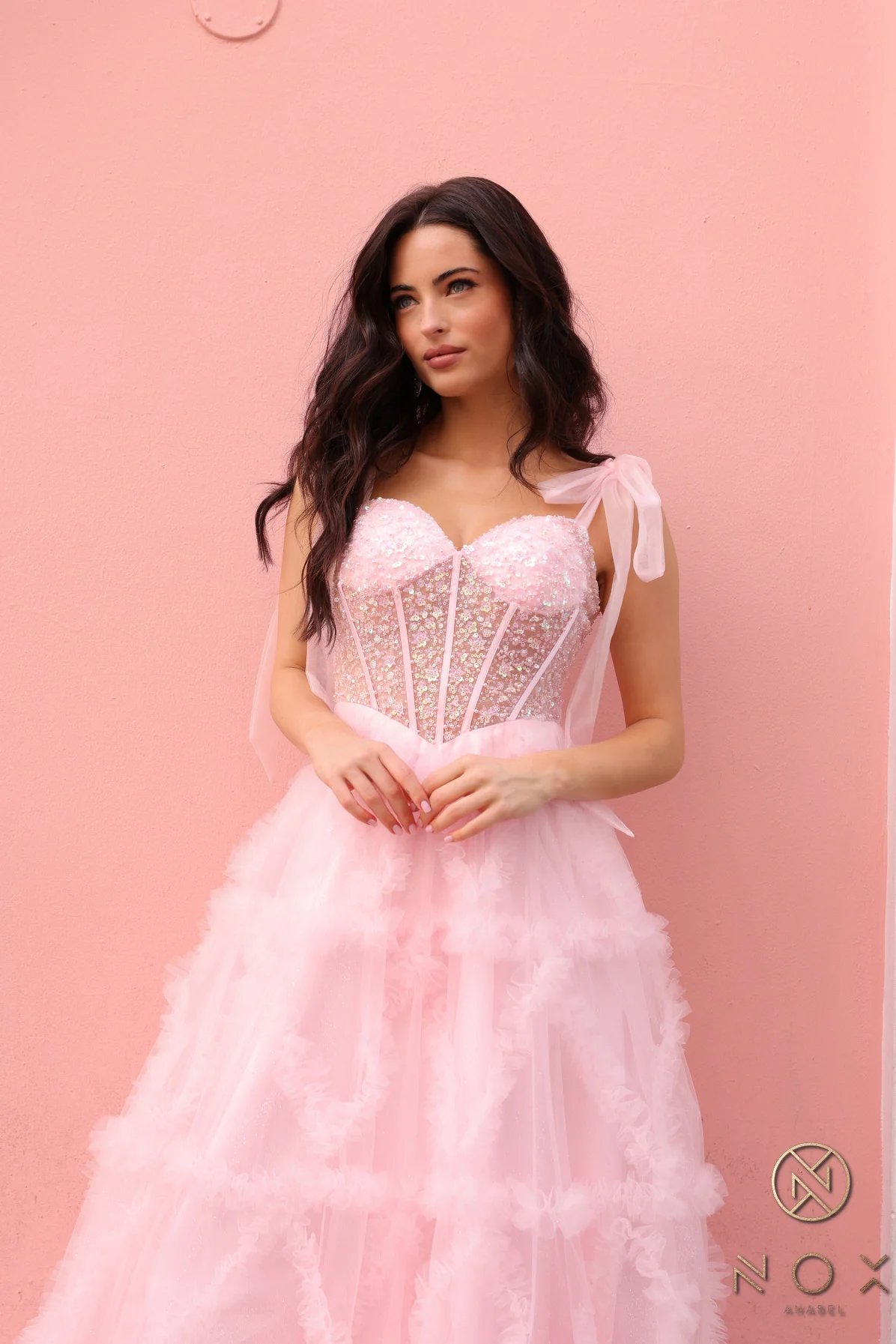 Nox Anabel T1340 Ruffle Tulle A Line Sheer Sequin Corset Prom Dress Bow Pleated Ballgown - Image 5