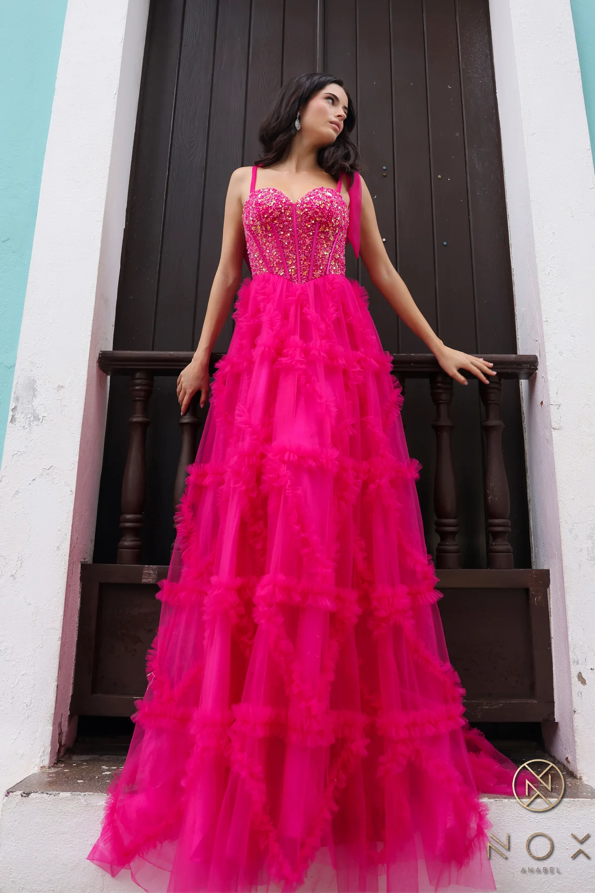 Nox Anabel T1340 Ruffle Tulle A Line Sheer Sequin Corset Prom Dress Bow Pleated Ballgown - Image 6