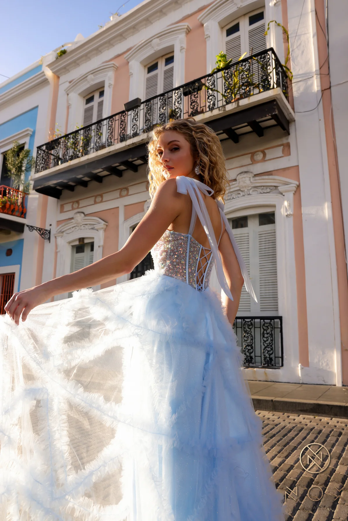 Nox Anabel T1340 Ruffle Tulle A Line Sheer Sequin Corset Prom Dress Bow Pleated Ballgown - Image 7
