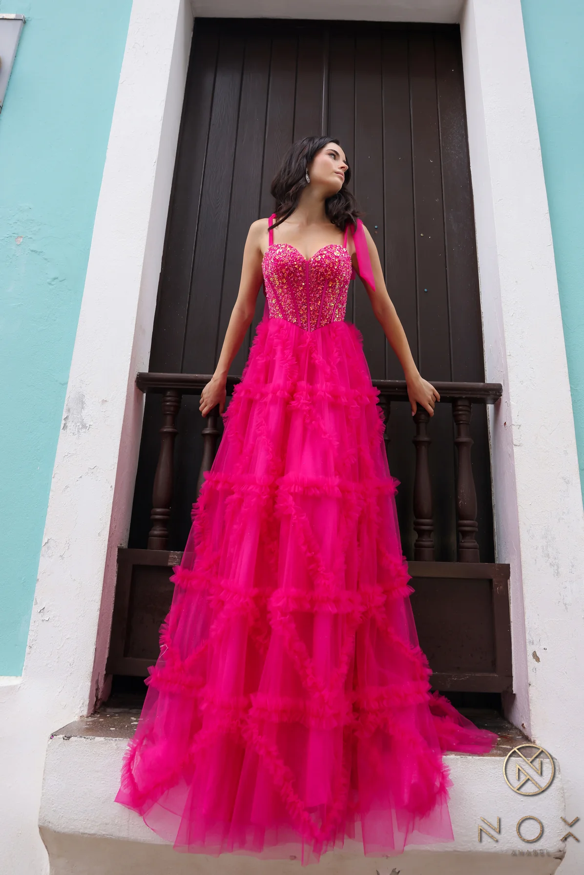 Nox Anabel T1340 Ruffle Tulle A Line Sheer Sequin Corset Prom Dress Bow Pleated Ballgown - Image 8
