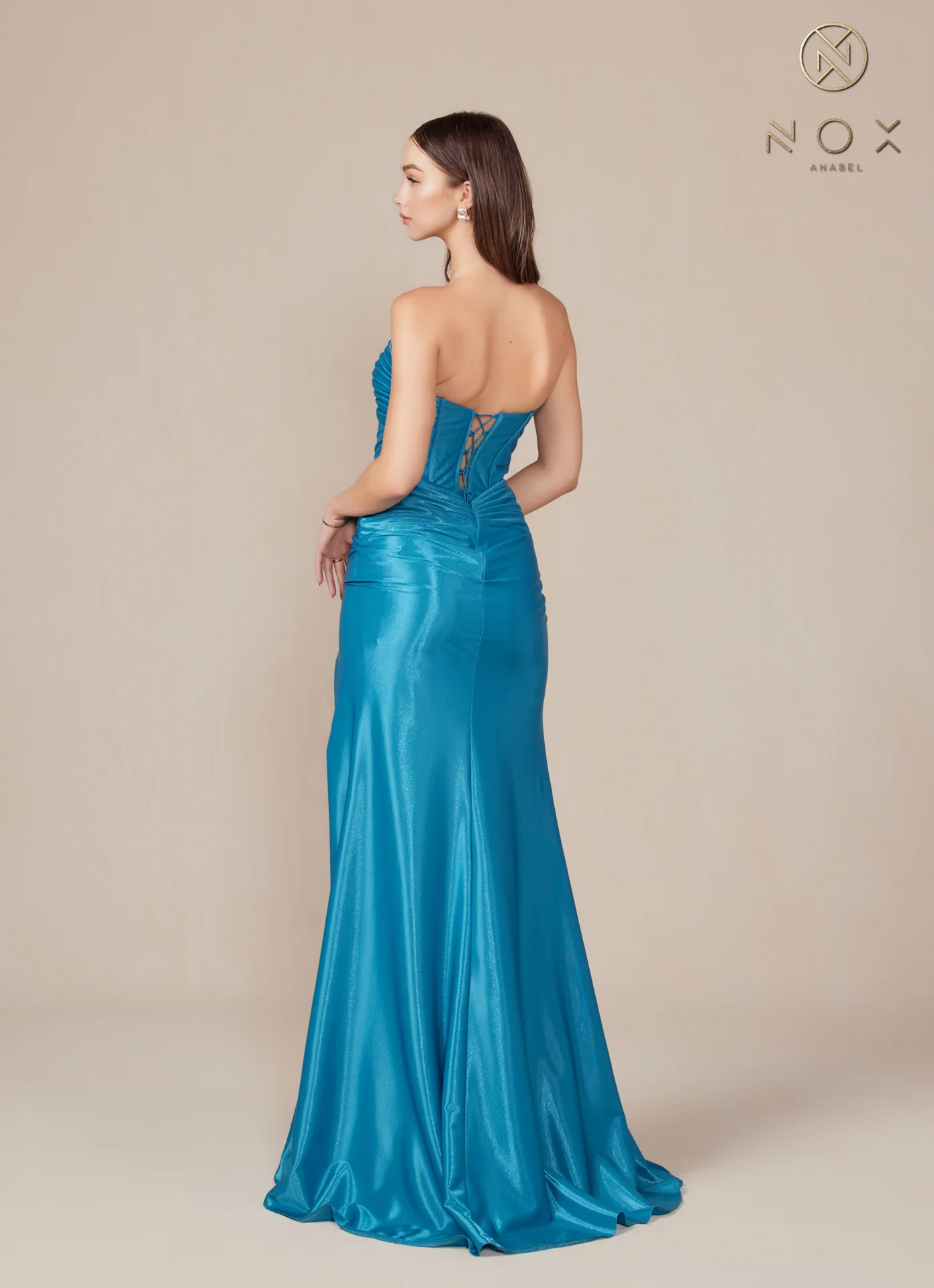 Nox Anabel T1489 Satin Fitted Prom Dress Cutout Strapless Corset Bodice Formal Evening Gown Slit - Image 14