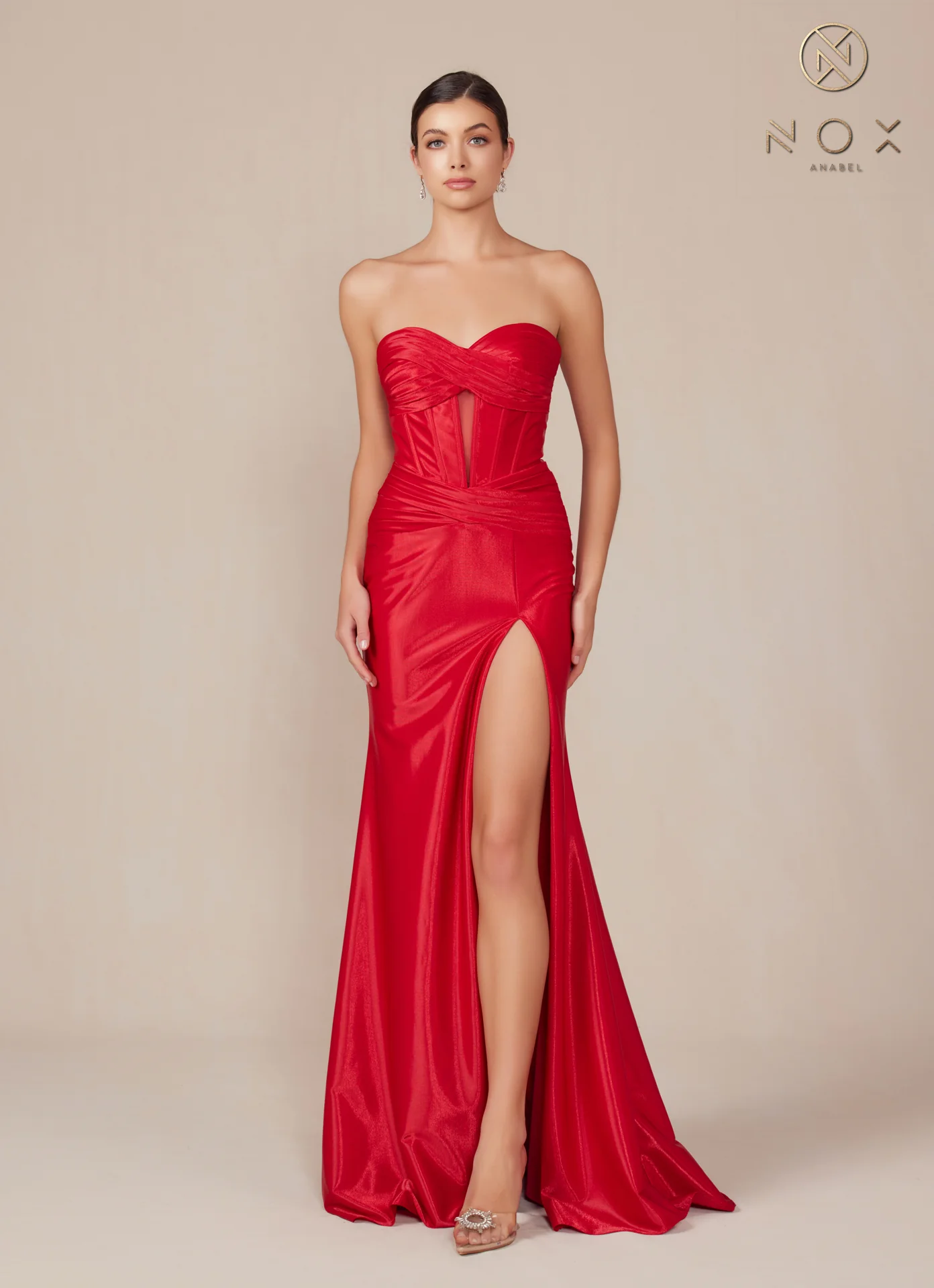 Nox Anabel T1489 Satin Fitted Prom Dress Cutout Strapless Corset Bodice Formal Evening Gown Slit - Image 4