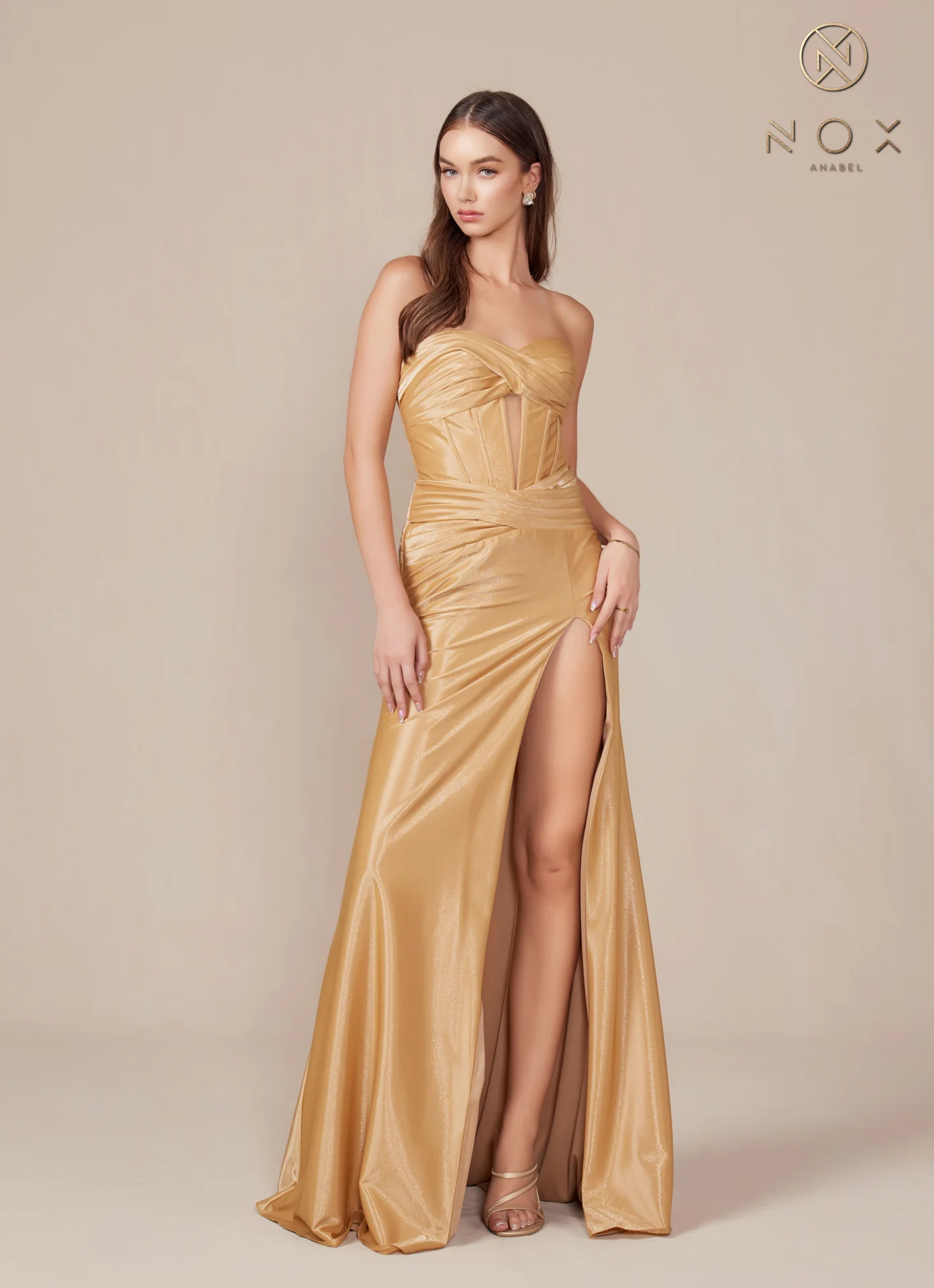 Nox Anabel T1489 Satin Fitted Prom Dress Cutout Strapless Corset Bodice Formal Evening Gown Slit - Image 5