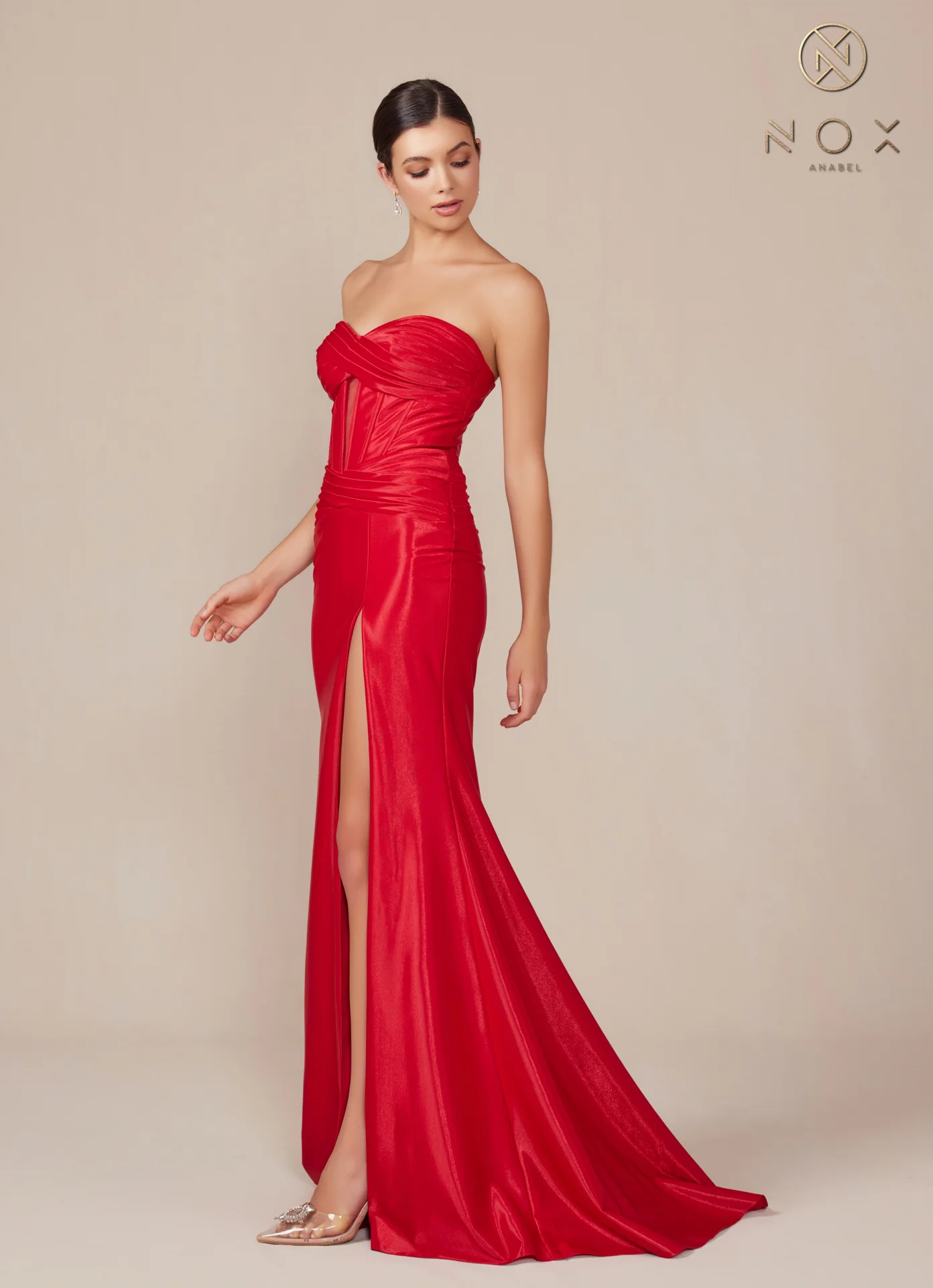 Nox Anabel T1489 Satin Fitted Prom Dress Cutout Strapless Corset Bodice Formal Evening Gown Slit - Image 9