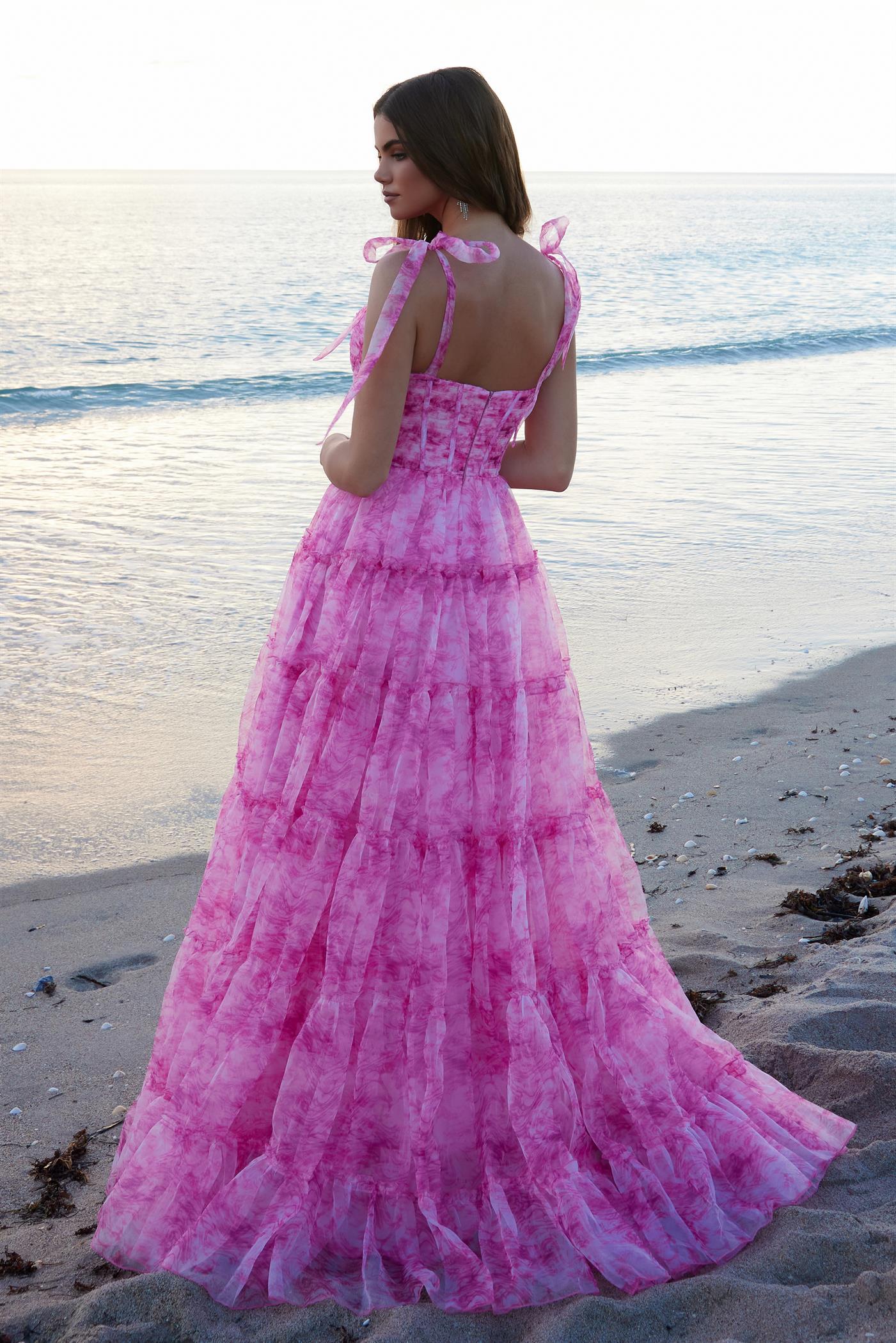 Nox Anabel T1501 Size 0 Fuchsia Print A Line Bow Boho Prom Dress Formal Evening Gown Corset Formal - Image 3