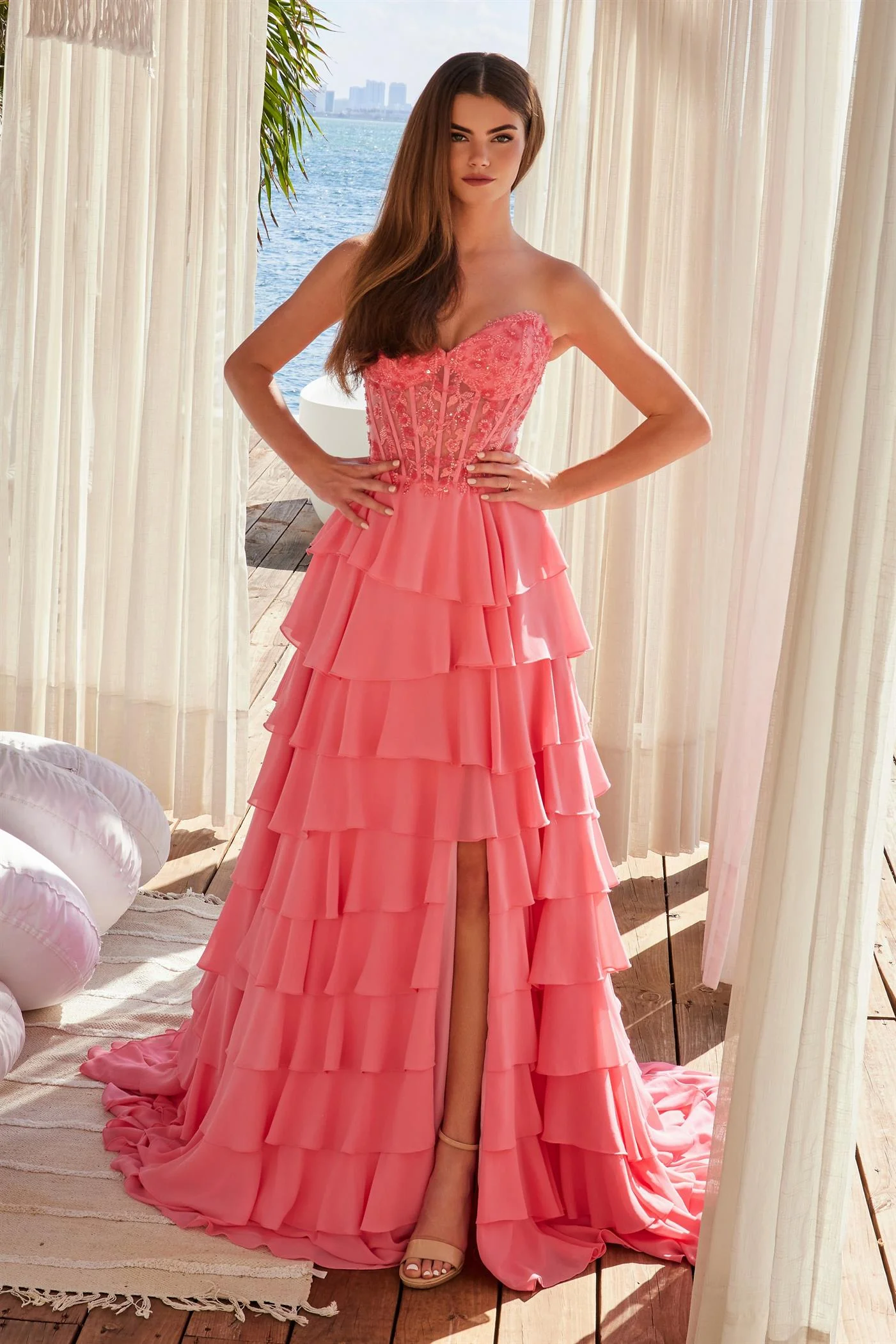 Nox Anabel Y1551 Size 4 Candy Pink Ruffle Slit Sheer Corset Prom Dress Sequin Lace Strapless Formal Gown