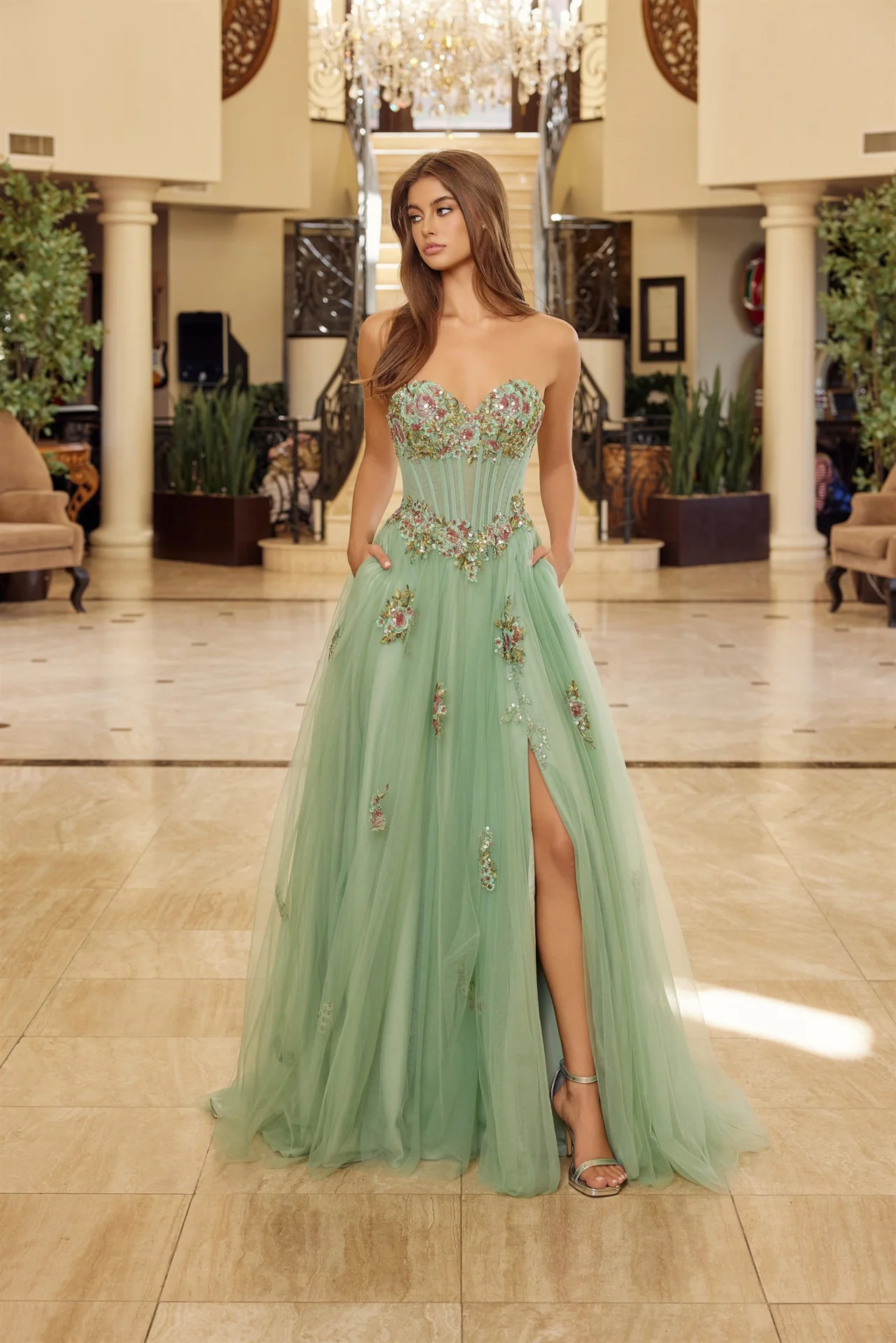 Nox Anabel Y1803 Strapless Sheer Floral Corset Prom Dresses - Image 2