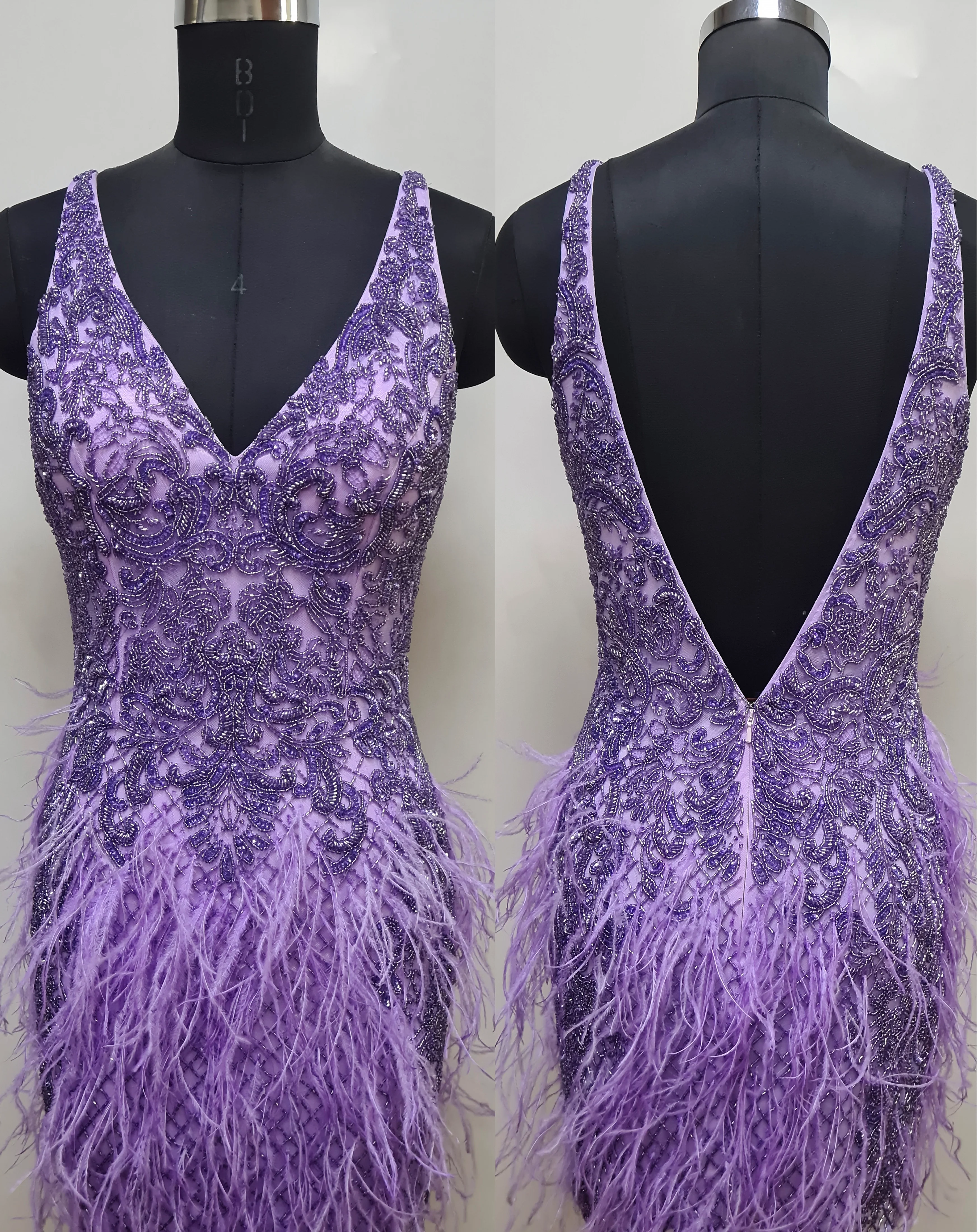Primavera Couture 12073 Beaded Embellished Bodice Plunging Neckline Feather Bottom Open Back Homecoming Cocktail Dress - Image 12