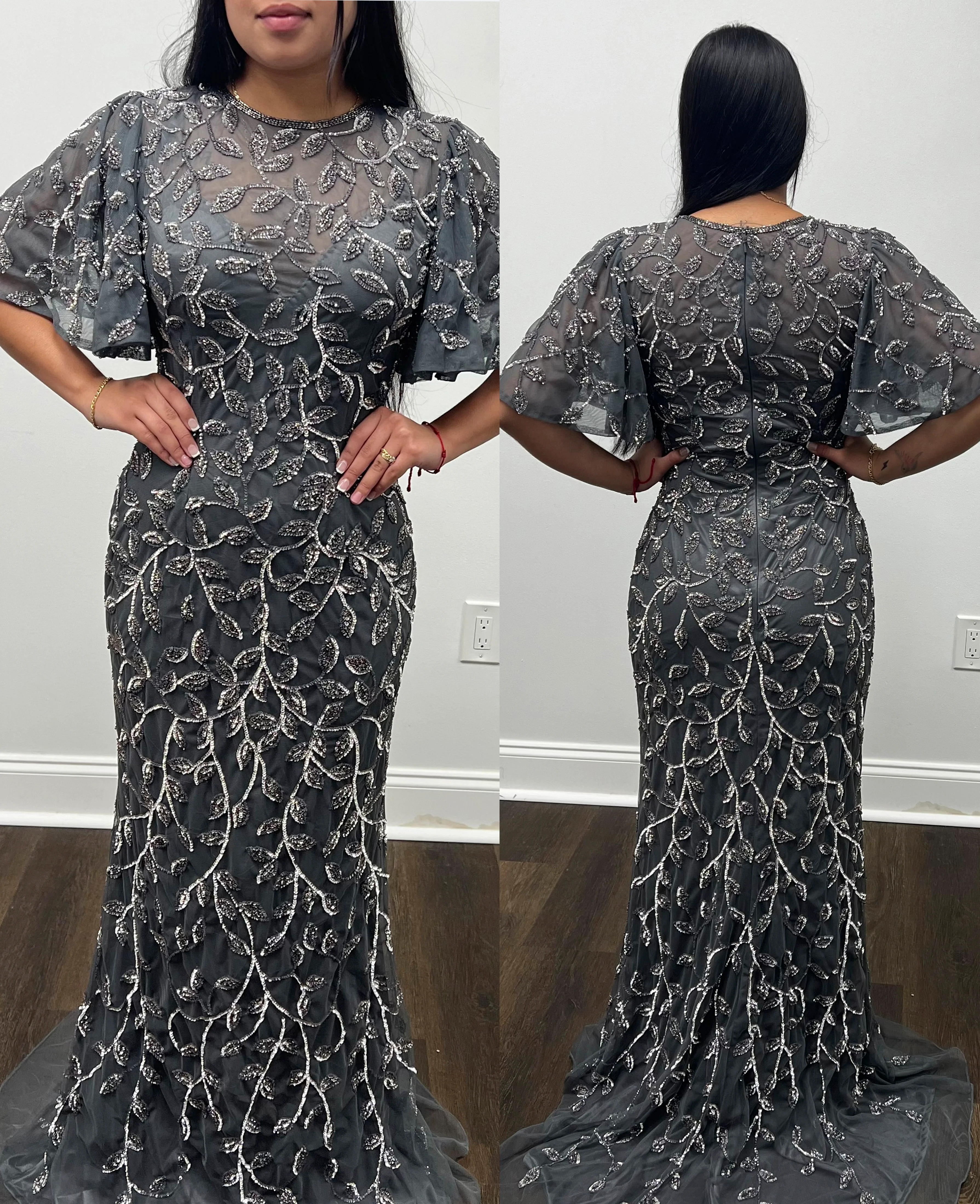 Primavera Couture 13111 Sheer Sweetheart Neckline Fully Embellished Train Short Bell Sleeve Mother Of The Bride Dress - Image 5