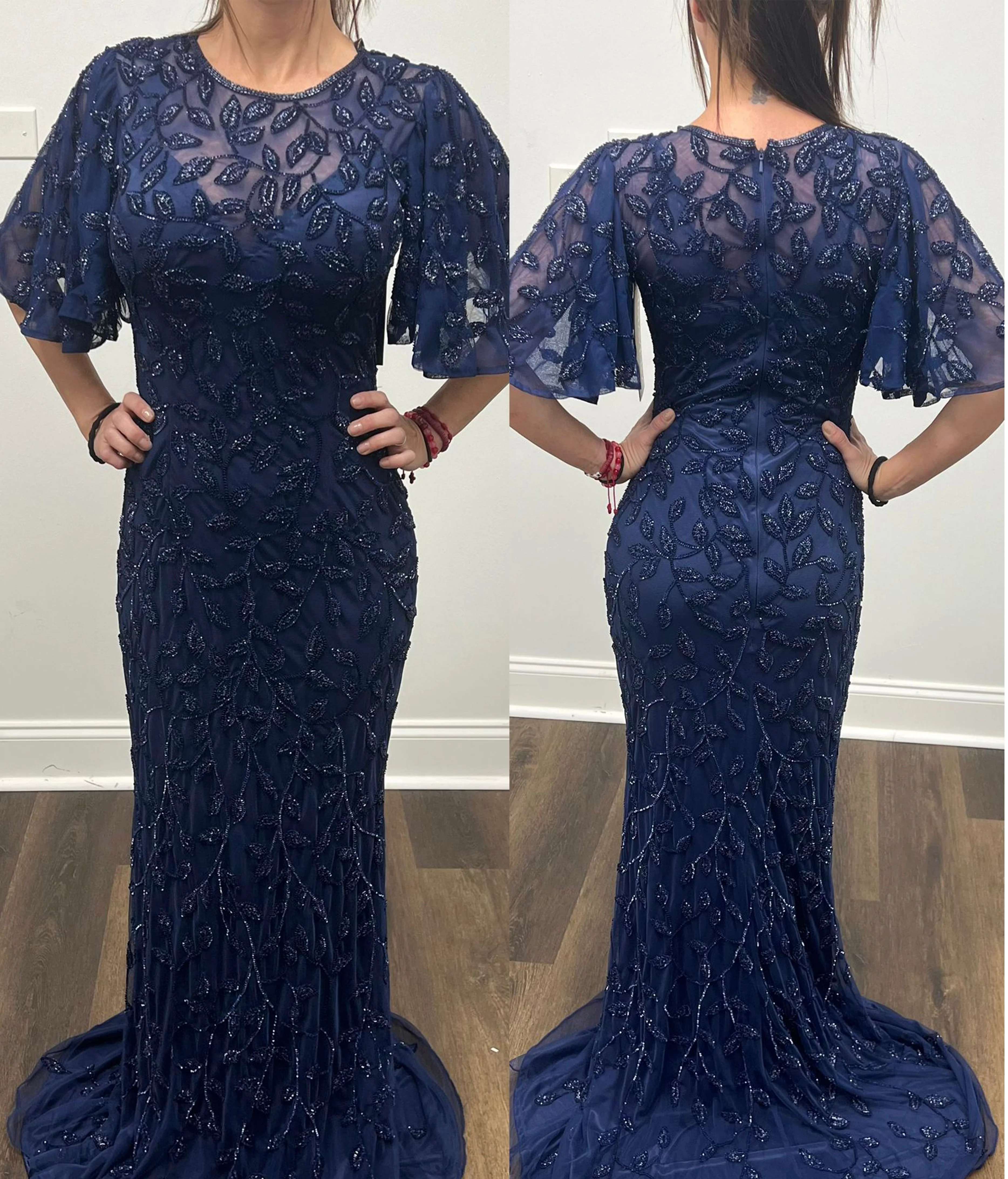 Primavera Couture 13111 Sheer Sweetheart Neckline Fully Embellished Train Short Bell Sleeve Mother Of The Bride Dress - Image 6