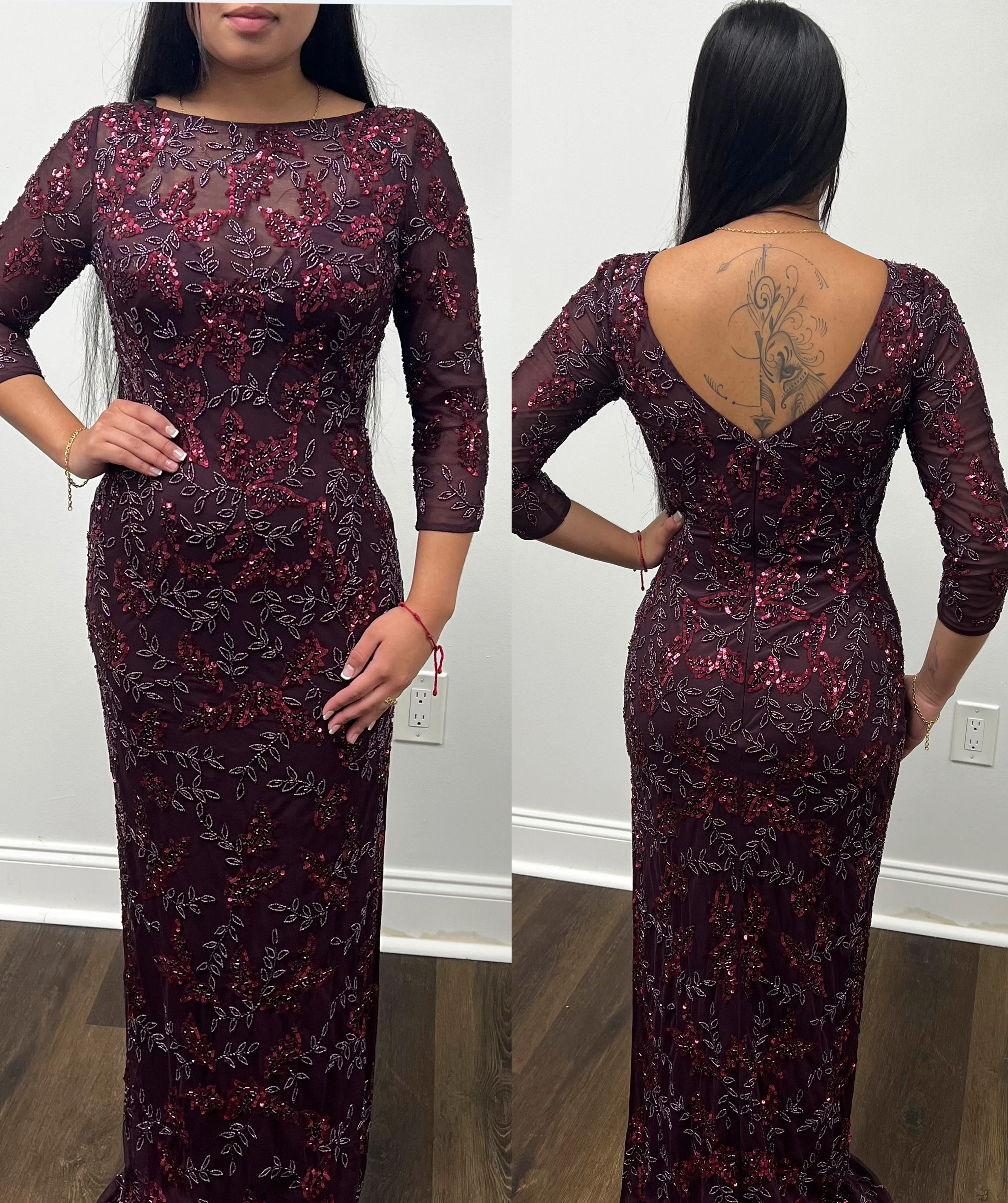 Primavera Couture 13116 High Neck V Back Sheer Beaded And Sequin Embellished Fitted Long Sleeve Mother Of The Bride Dress - Image 6