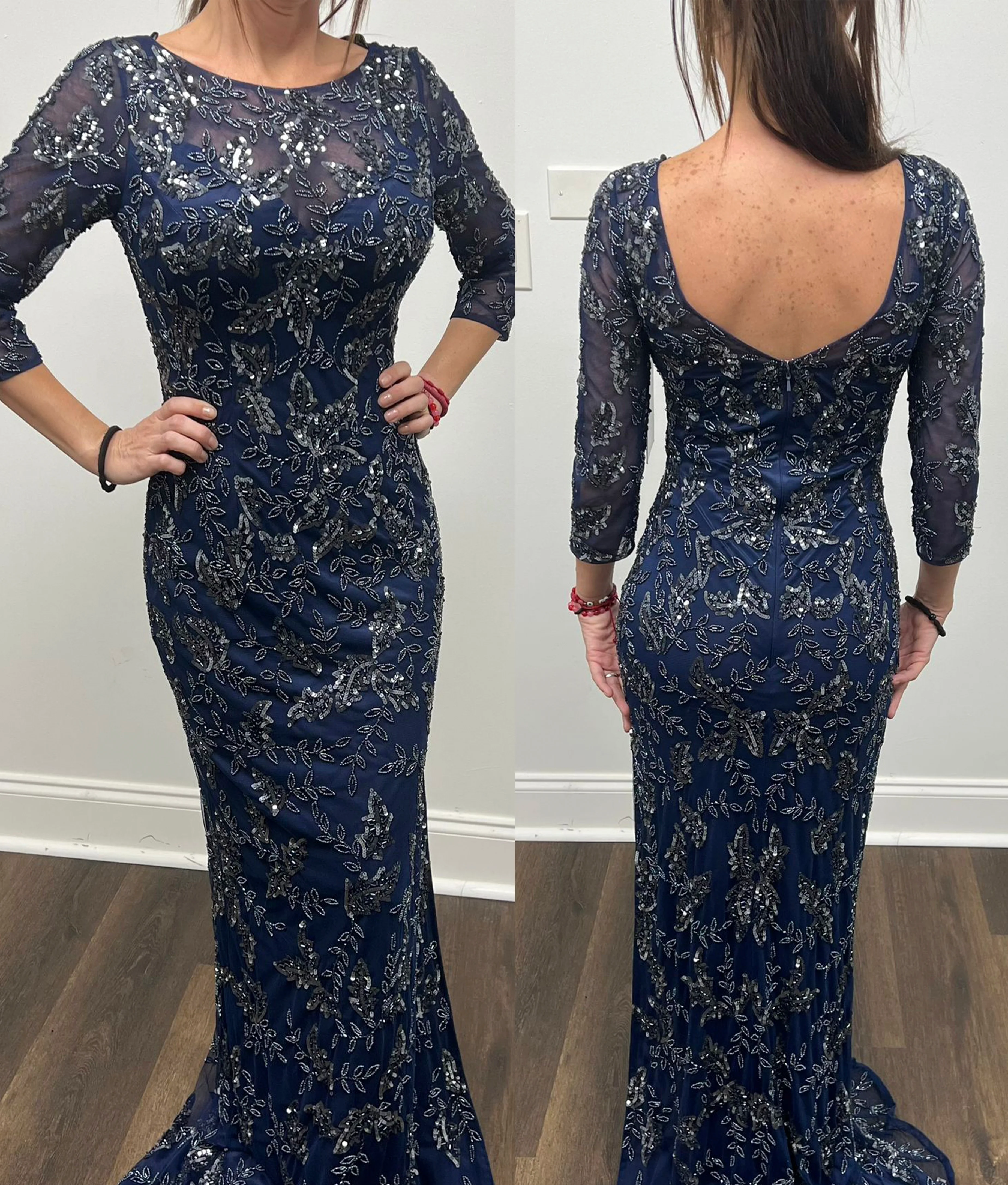 Primavera Couture 13116 High Neck V Back Sheer Beaded And Sequin Embellished Fitted Long Sleeve Mother Of The Bride Dress - Image 7