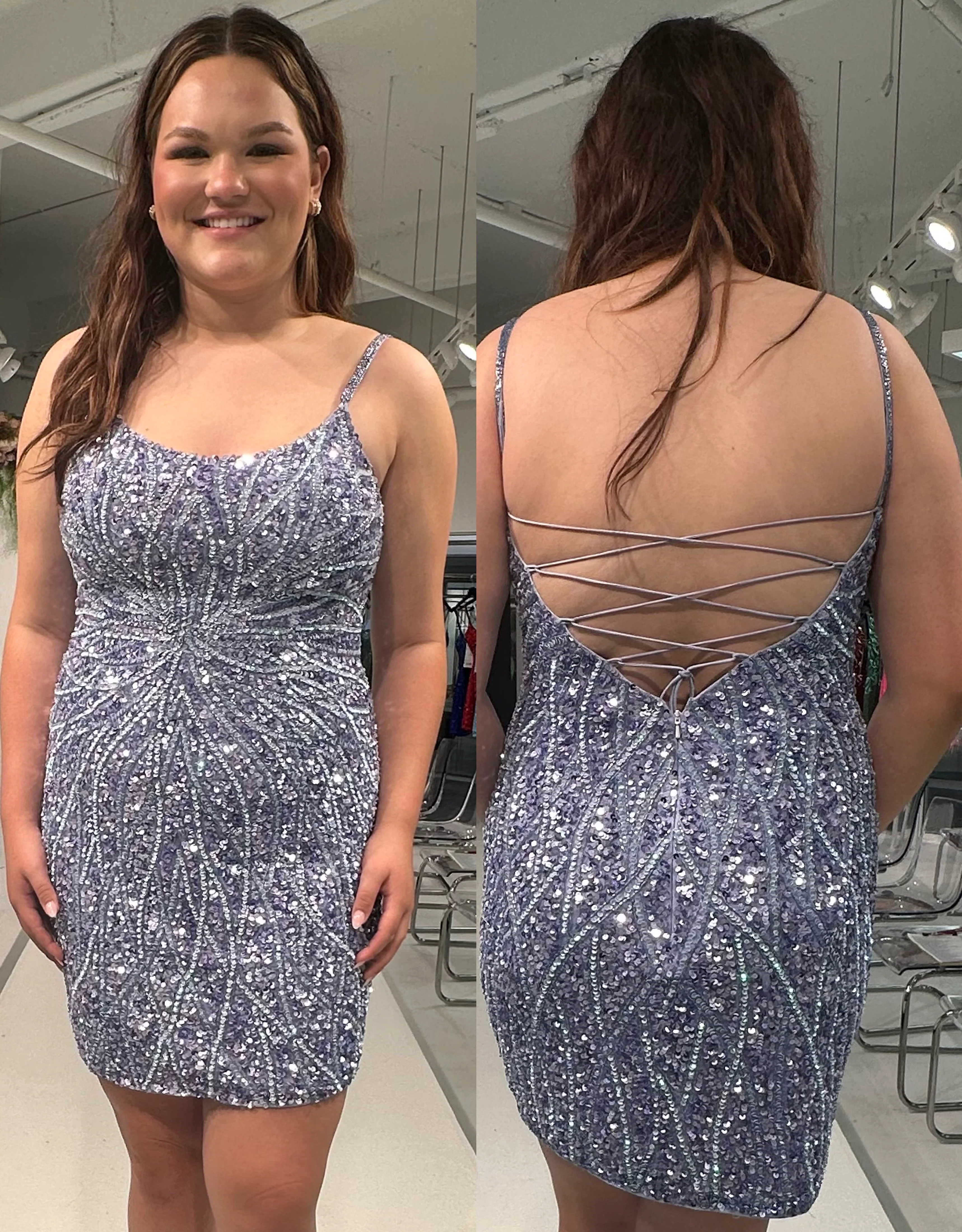 Primavera Couture 14021 Curvy Homecoming Dress Beaded Sequin Open Tie Back Spaghetti Strap Curvy Homecoming Cocktail Dress - Image 7