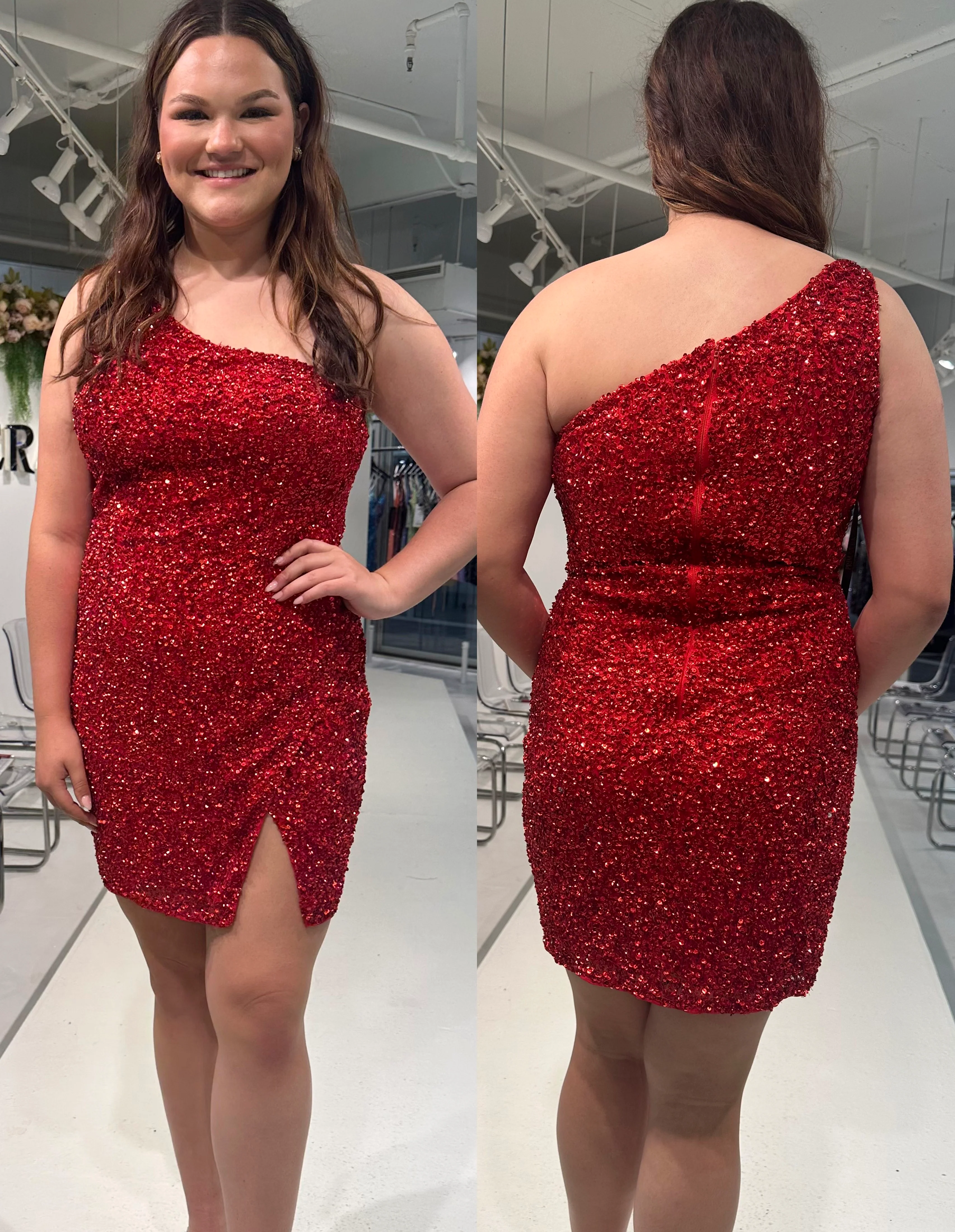 Primavera Couture 14022 Curvy Cocktail Dress One Shoulder Maxi Slit Fully Sequin Embellished Short Homecoming Cocktail Dress - Image 12