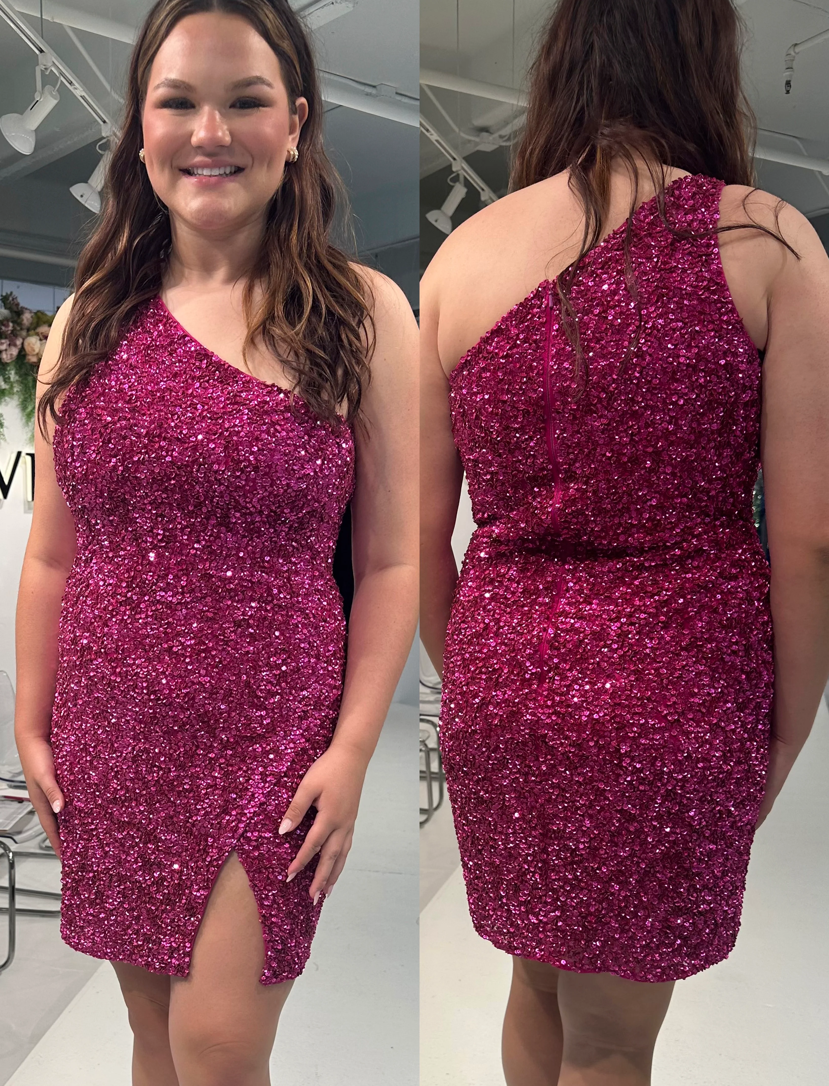 Primavera Couture 14022 Curvy Cocktail Dress One Shoulder Maxi Slit Fully Sequin Embellished Short Homecoming Cocktail Dress - Image 5